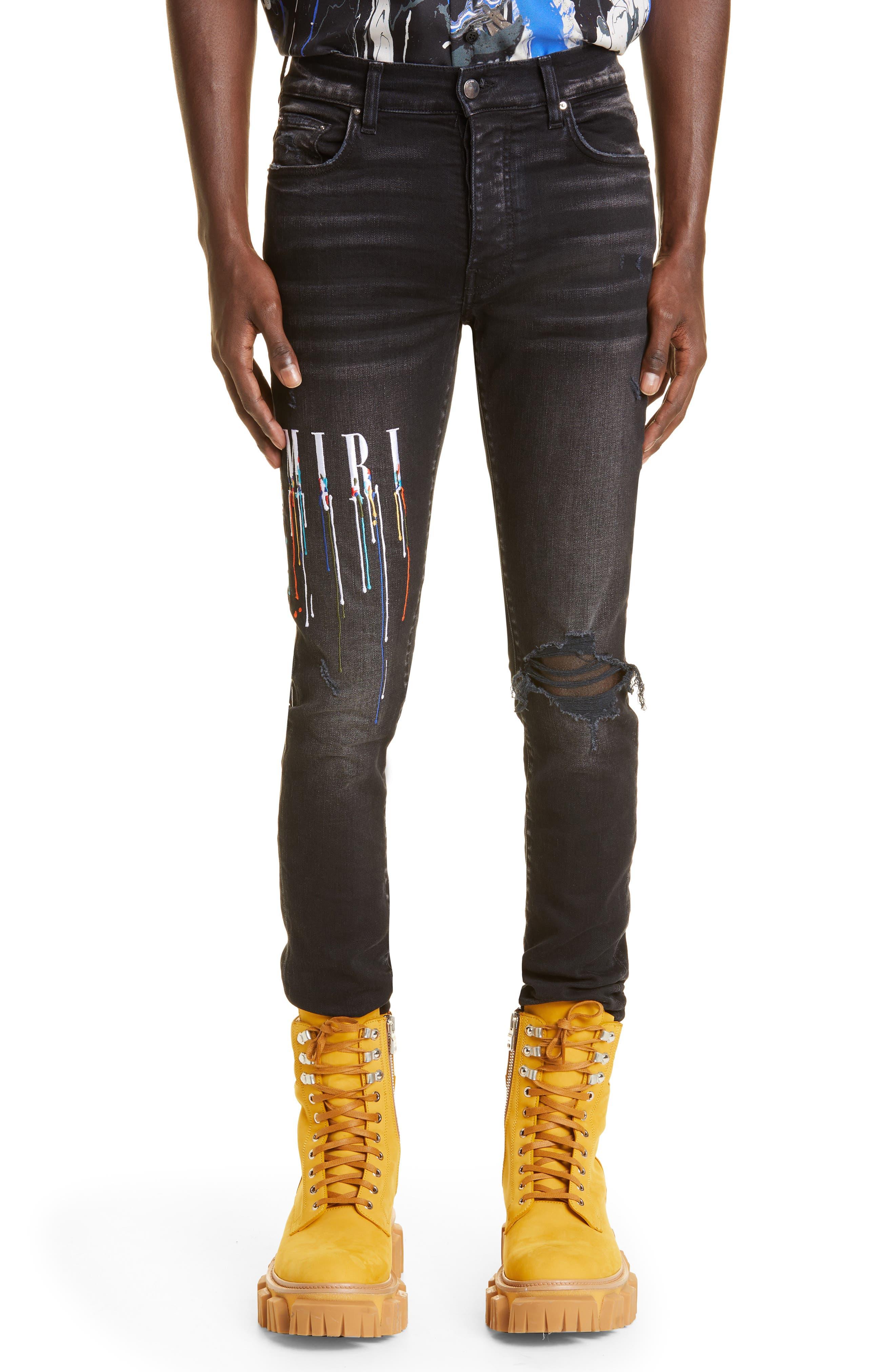 Amiri Paint Drip Logo Ripped Skinny Jeans in Black for Men Lyst