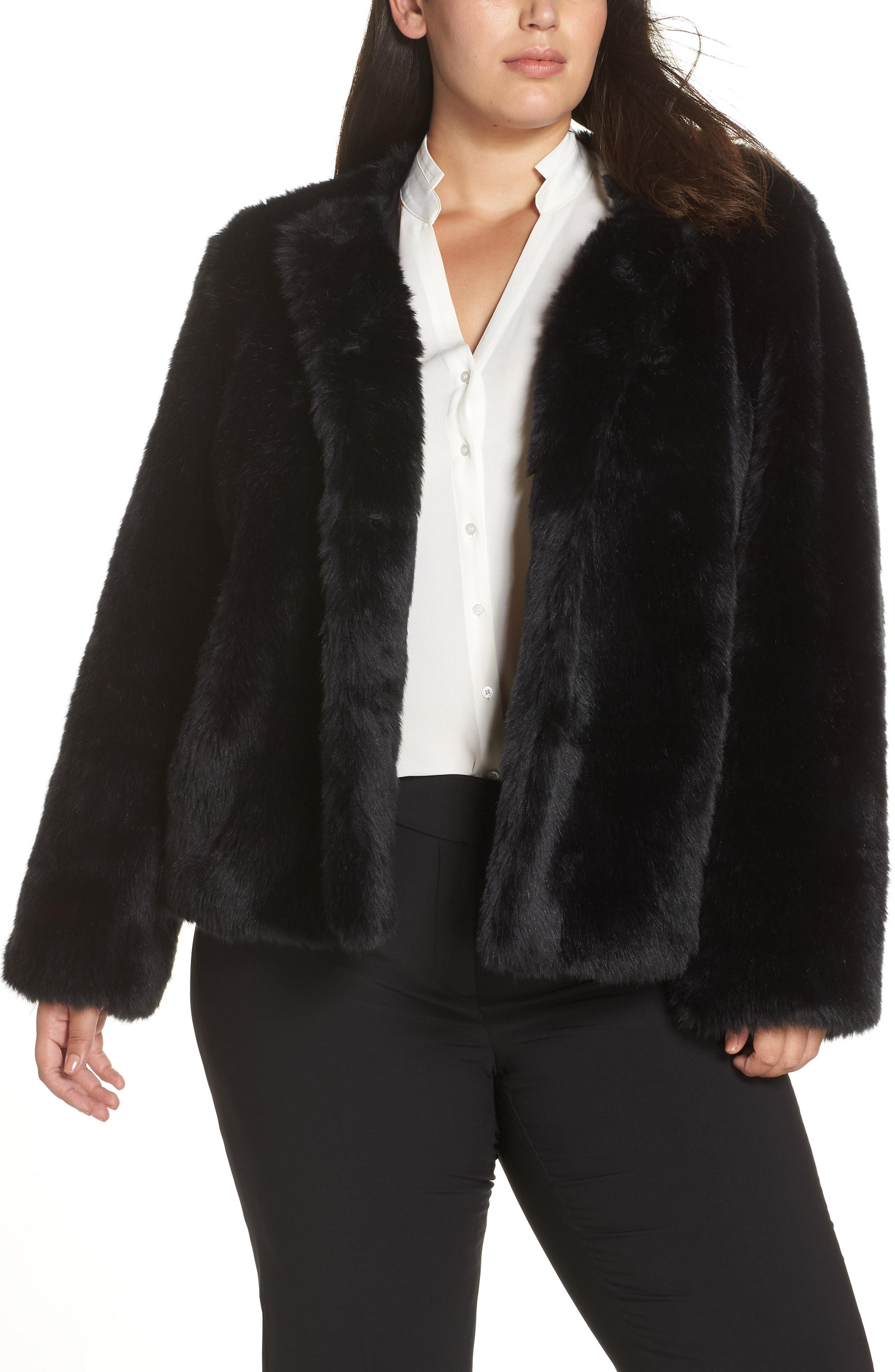 black collarless fur jacket