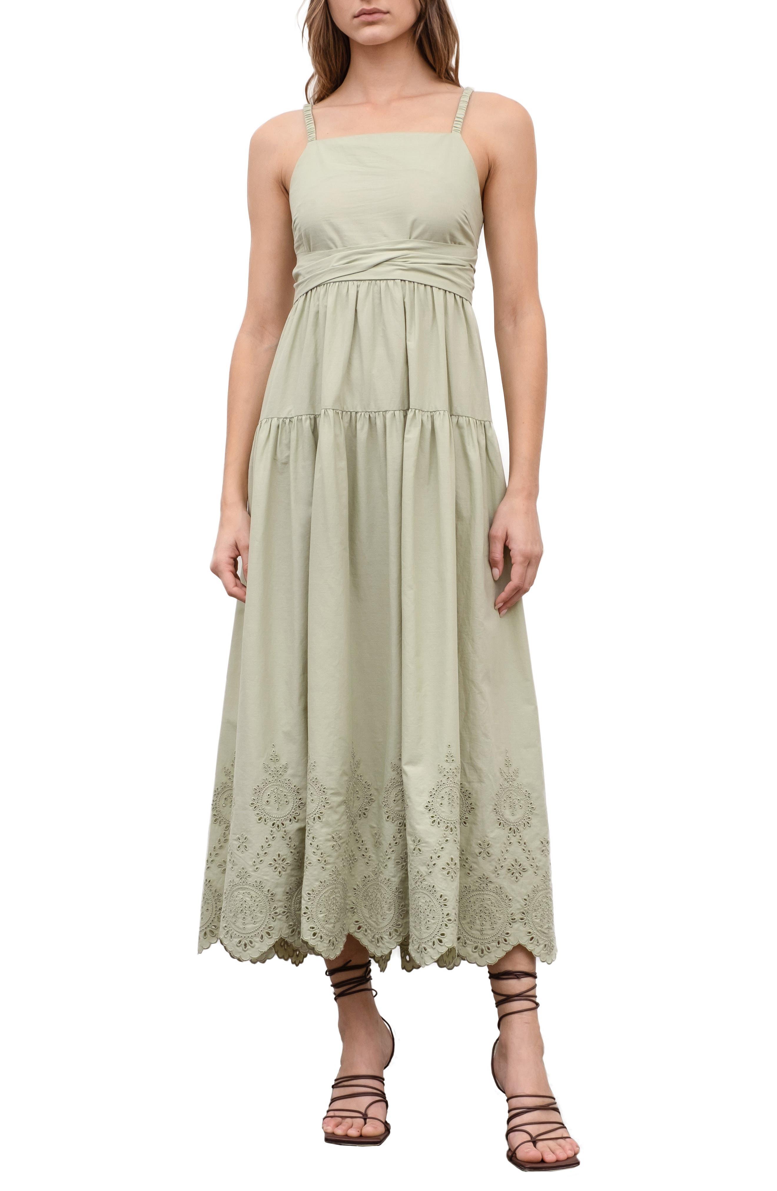 Moon River Eyelet Tie Back Maxi Dress in Green | Lyst