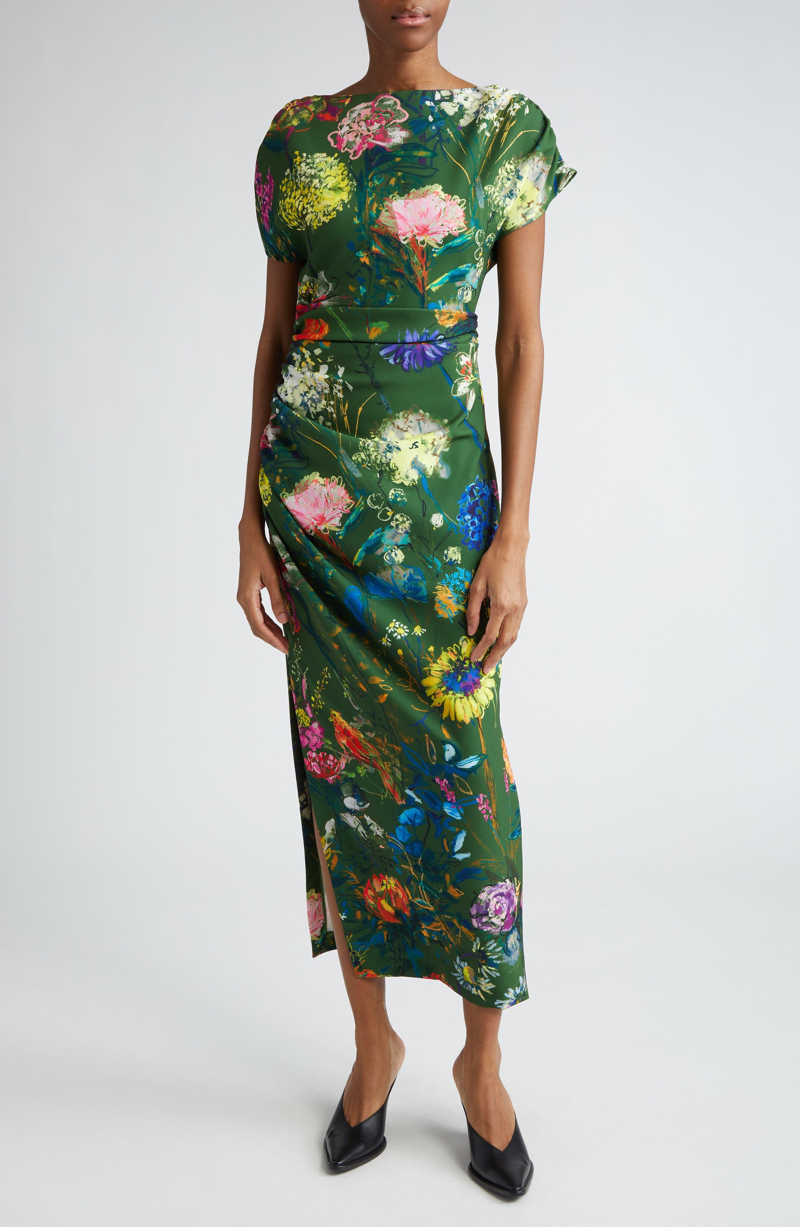 Lela Rose Floral Ruched Dress in Green Lyst