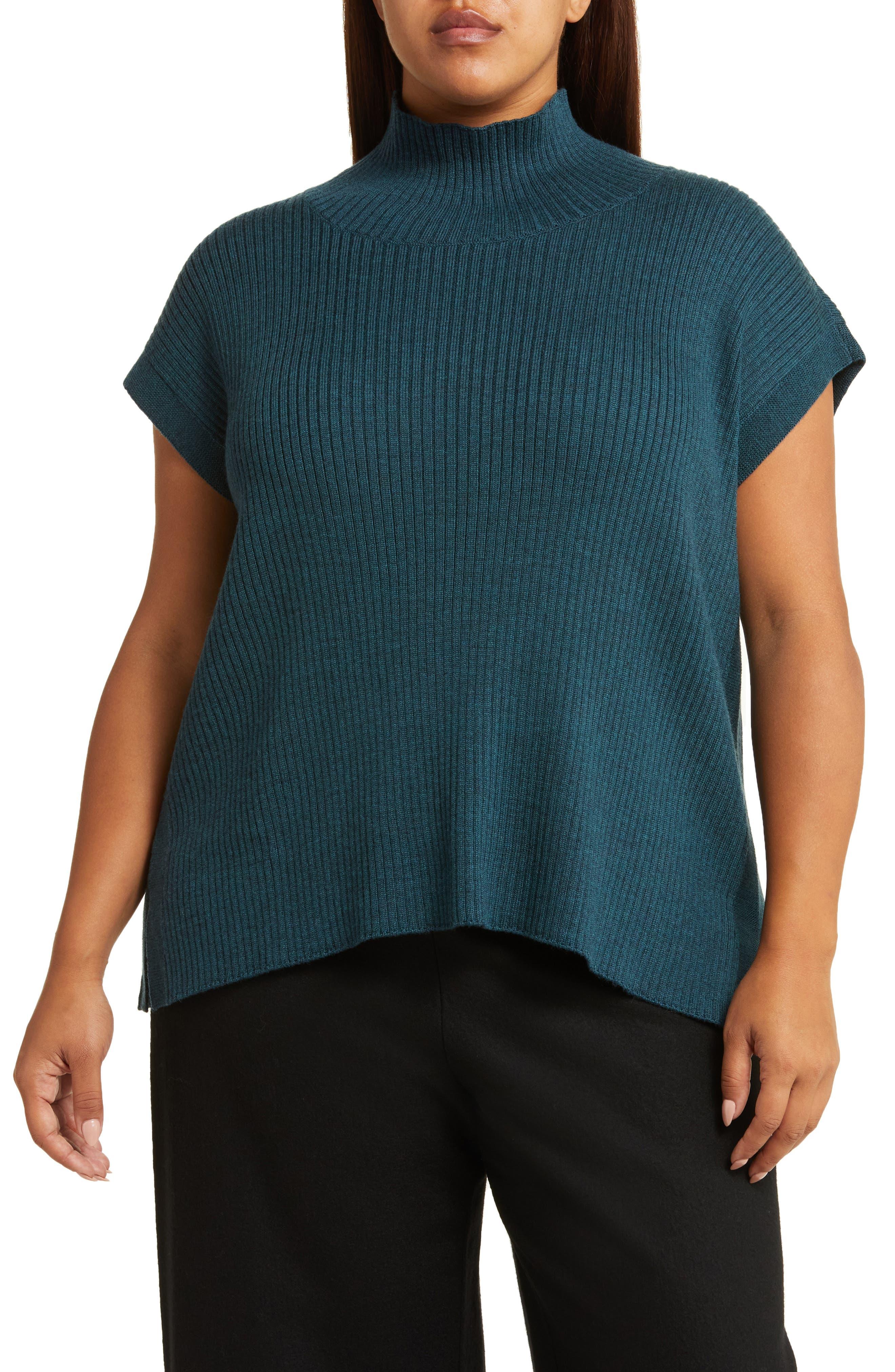 Eileen Fisher Turtleneck Short Sleeve Merino Wool Sweater in Blue | Lyst