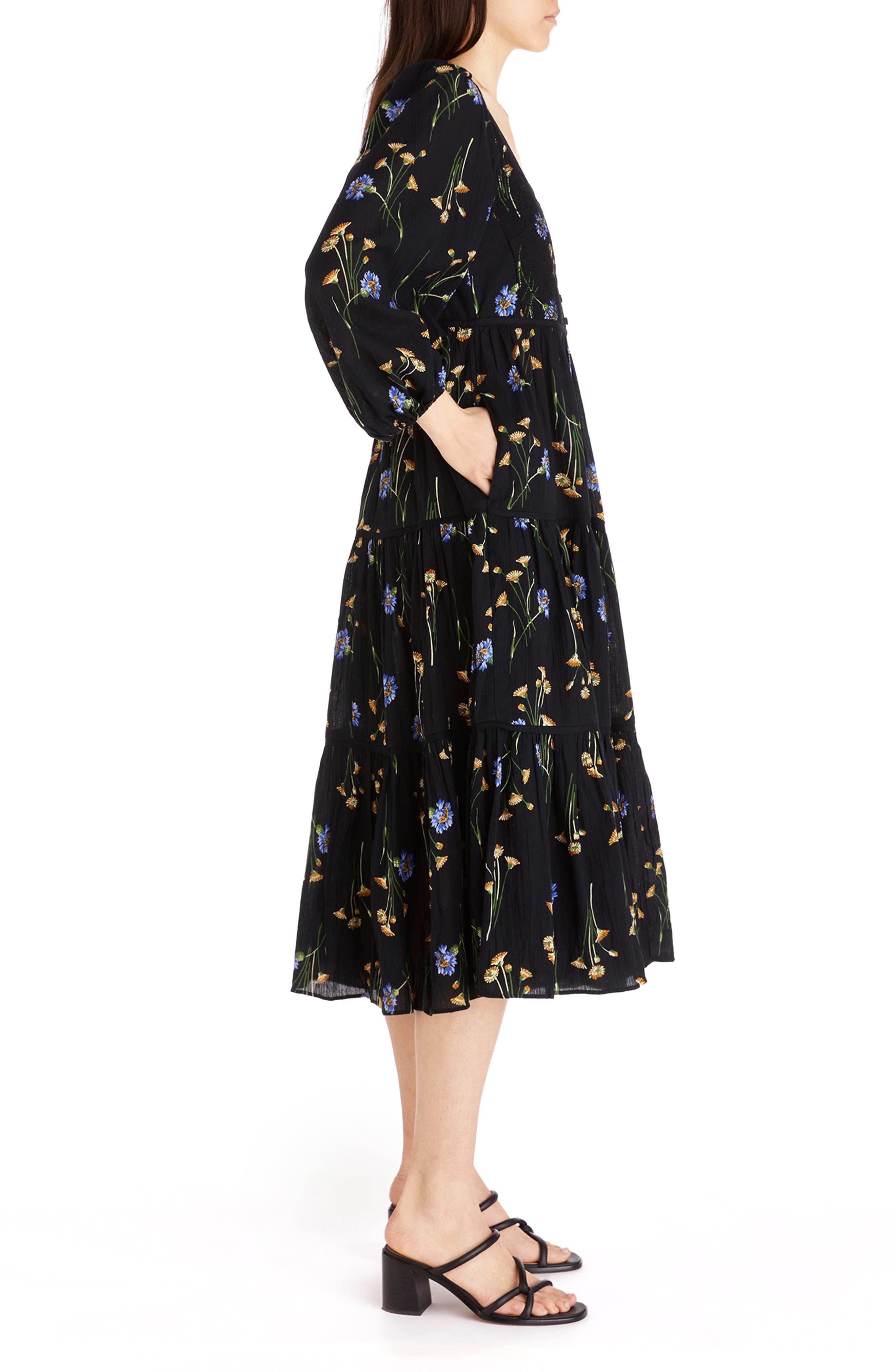 Madewell Xiomara Floral Print Long Sleeve Cotton Dress in Black | Lyst