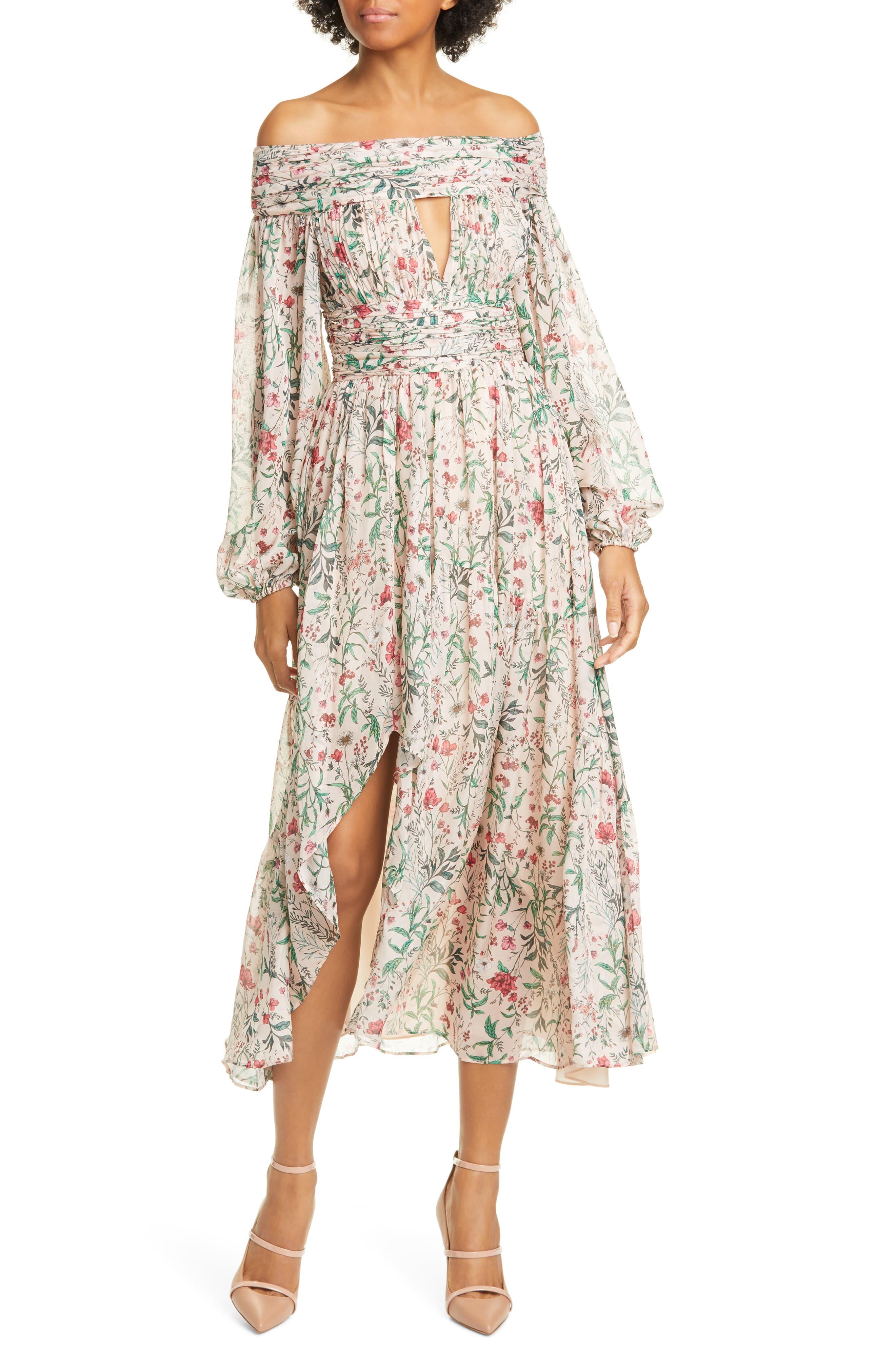 AMUR Daria Floral Off The Shoulder Long Sleeve Silk Midi Dress - Lyst