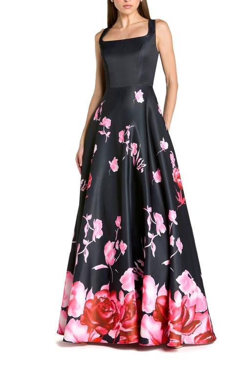 chinese dress ladies Blue Floral Printed Satin Gown with Pockets