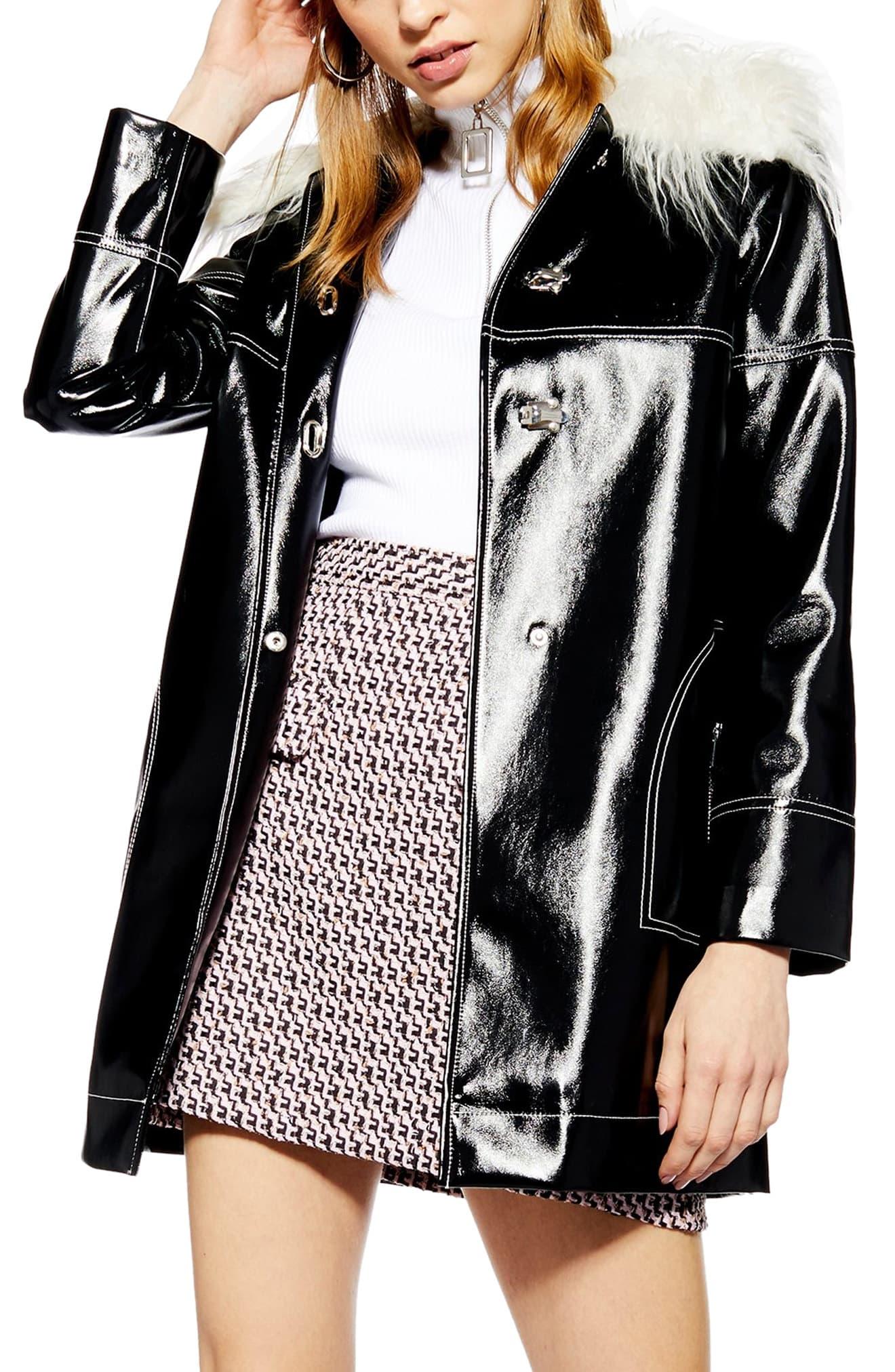 Vinyl Faux Fur Collar Coat in Black Lyst