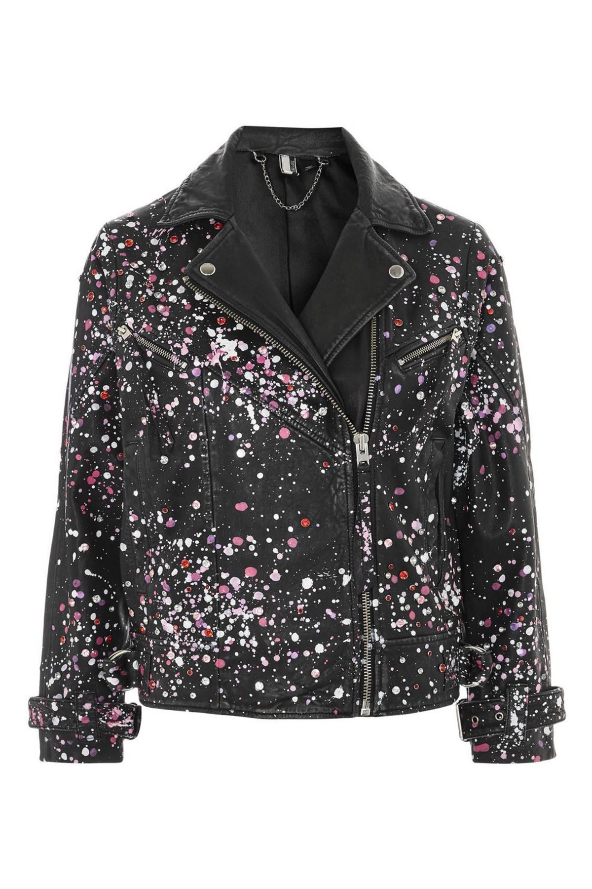 Eddie Rhinestone & Paint Splatter Leather Biker Jacket in Black