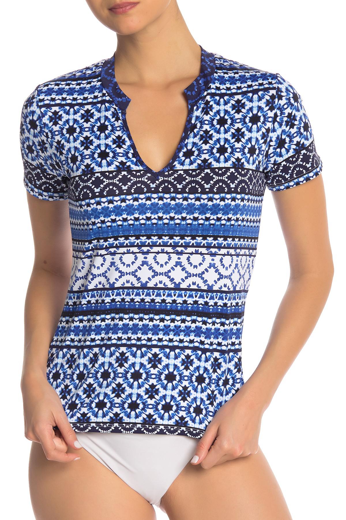 Tommy Bahama Synthetic Shibori Splash Split Neck Rash Guard in Blue Lyst