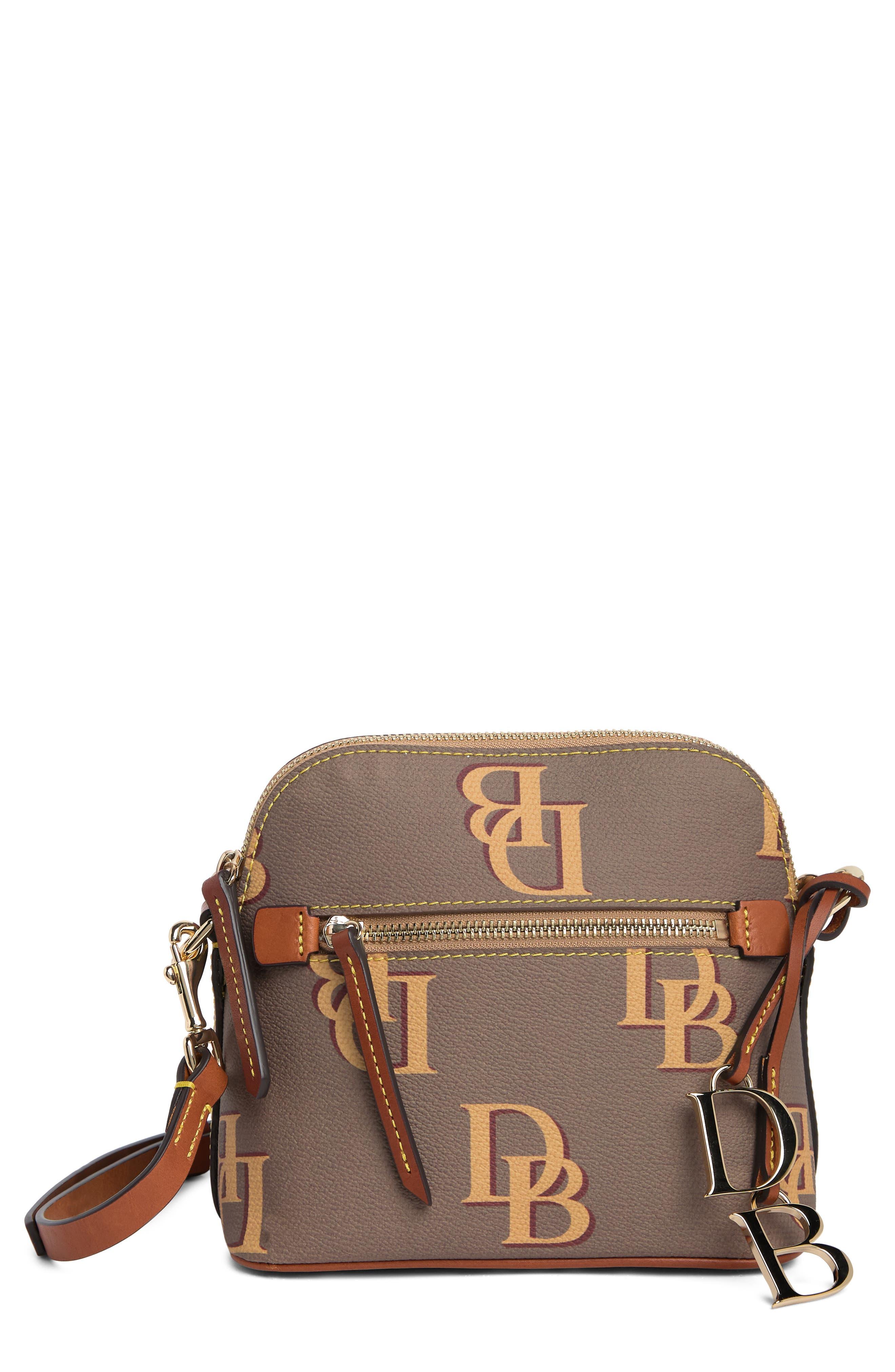 Dooney & Bourke Taupe & Black Canvas & Leather Top Handle Jaquard Logo Bag