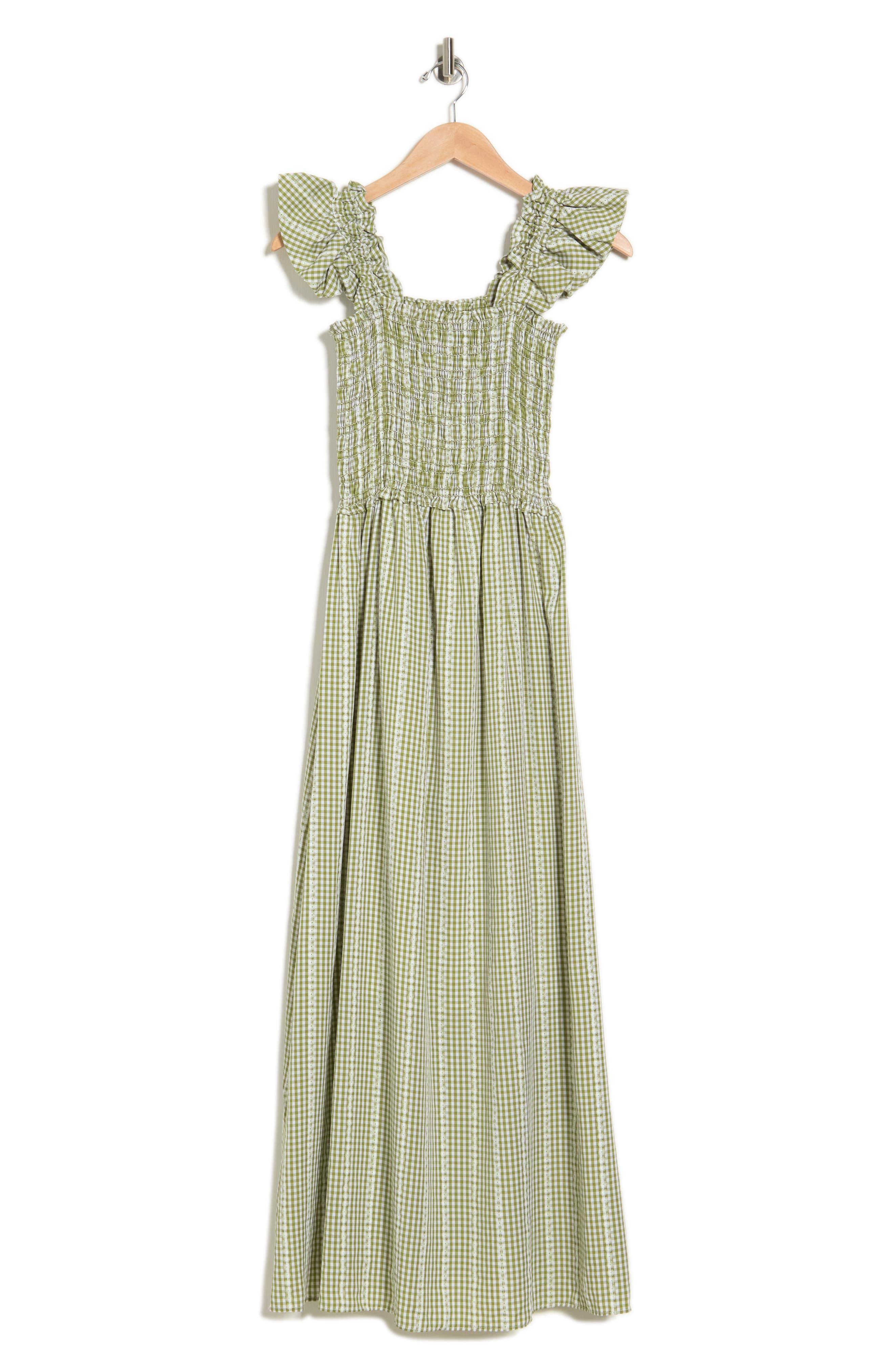 Max Studio Flutter Sleeve Smocked Gingham Maxi Dress In Stem1197