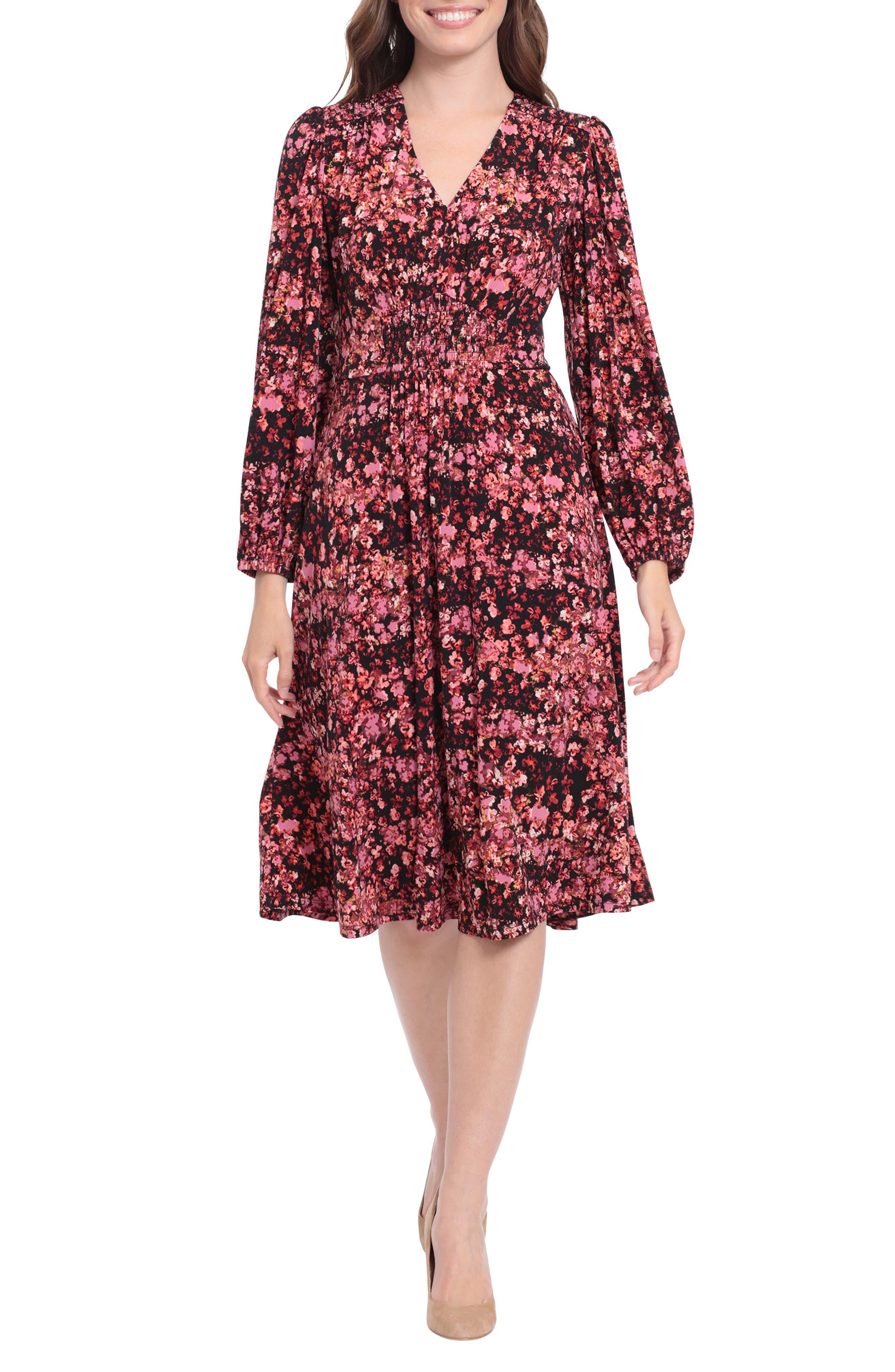 London Times Floral Print Smocked Waist Dress In Black/pink At