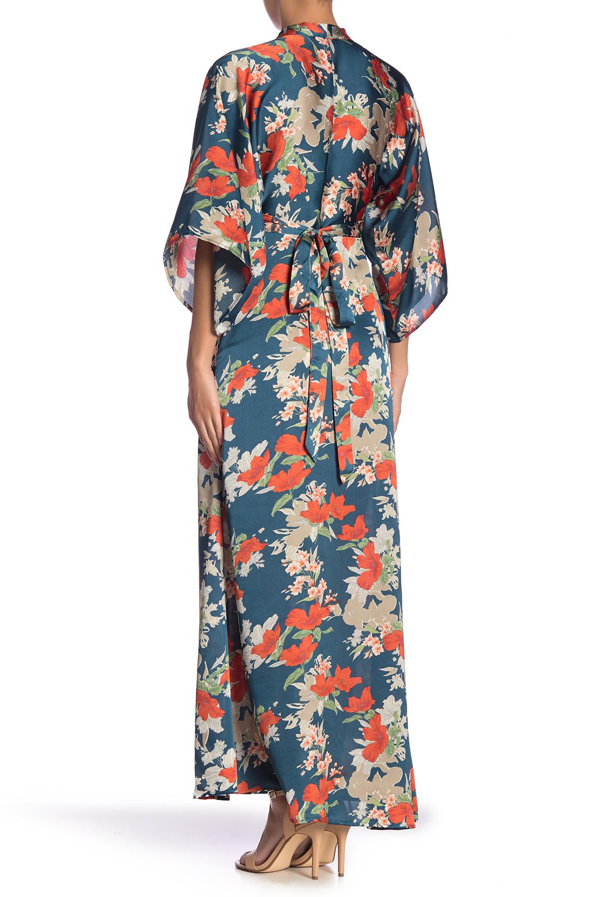 AAKAA Floral Kimono Sleeve Satin Maxi ...
