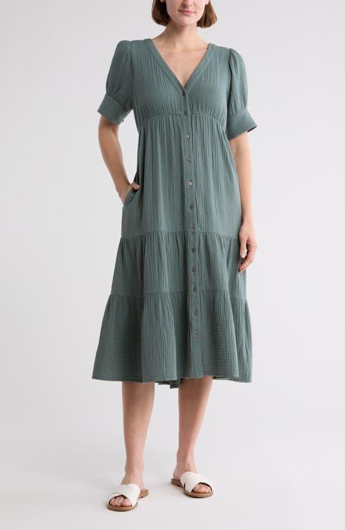 Madewell Lightspun Tiered Button Front Midi Dress in Green | Lyst