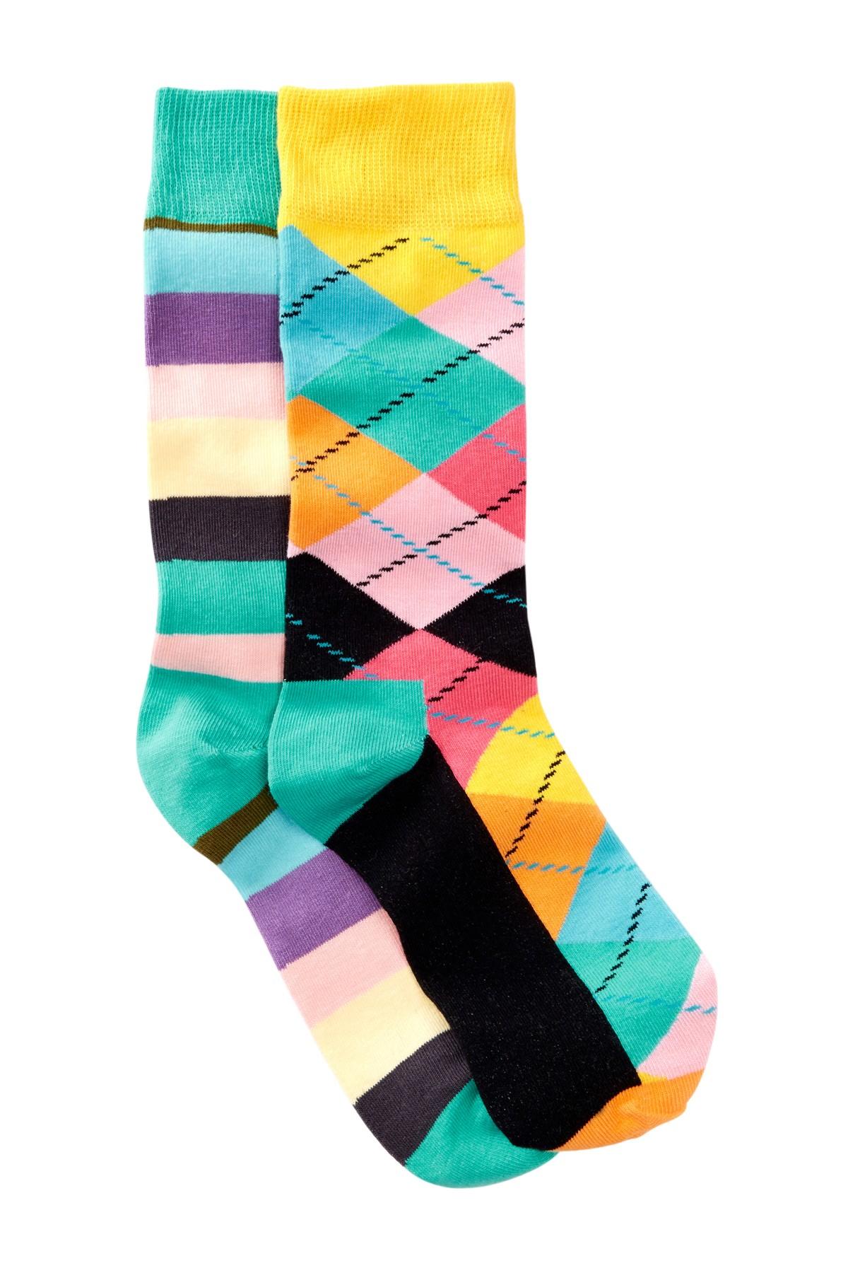Happy Socks Cotton Argyle & Stripes Crew Socks Pack Of 2 in Bright