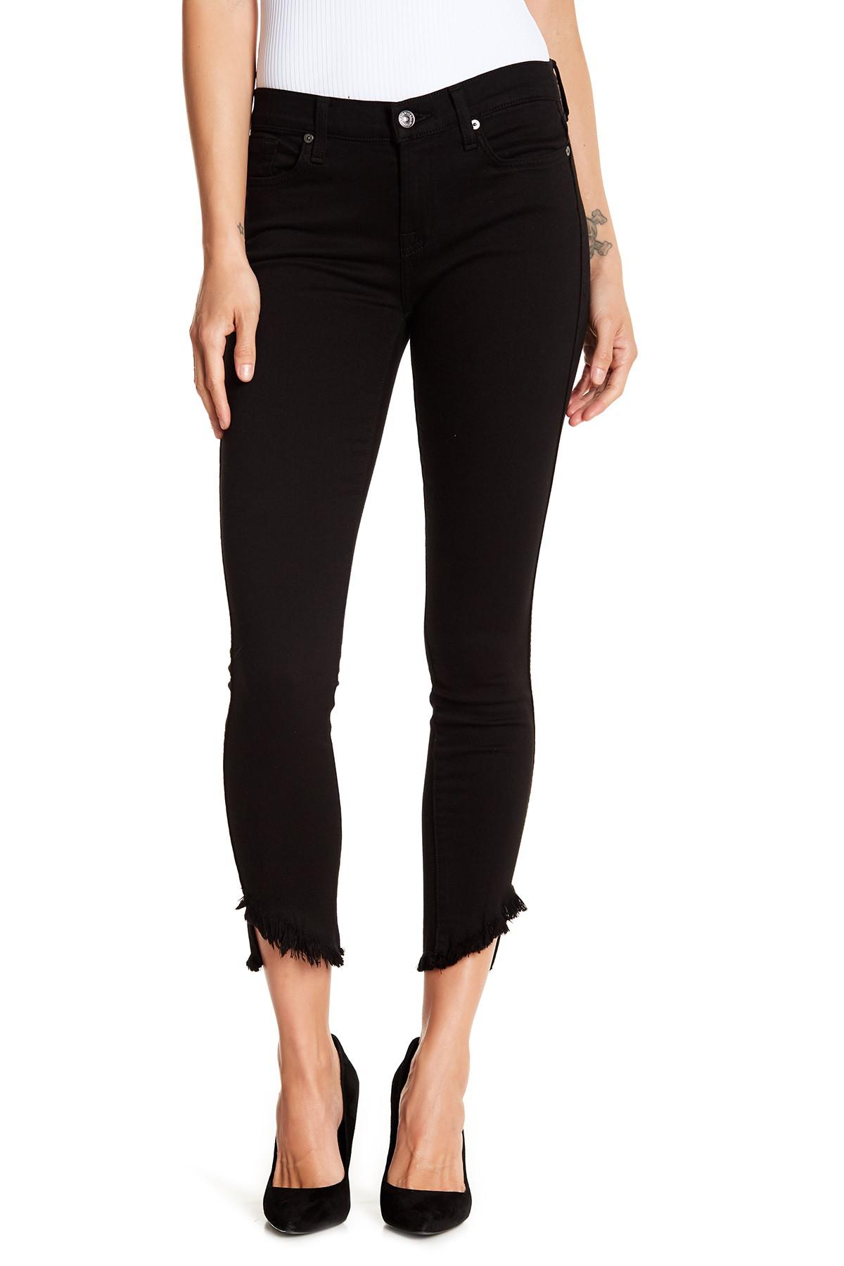 7 For All Mankind Gwen Frayed Angled Hem Skinny Jeans in Black | Lyst