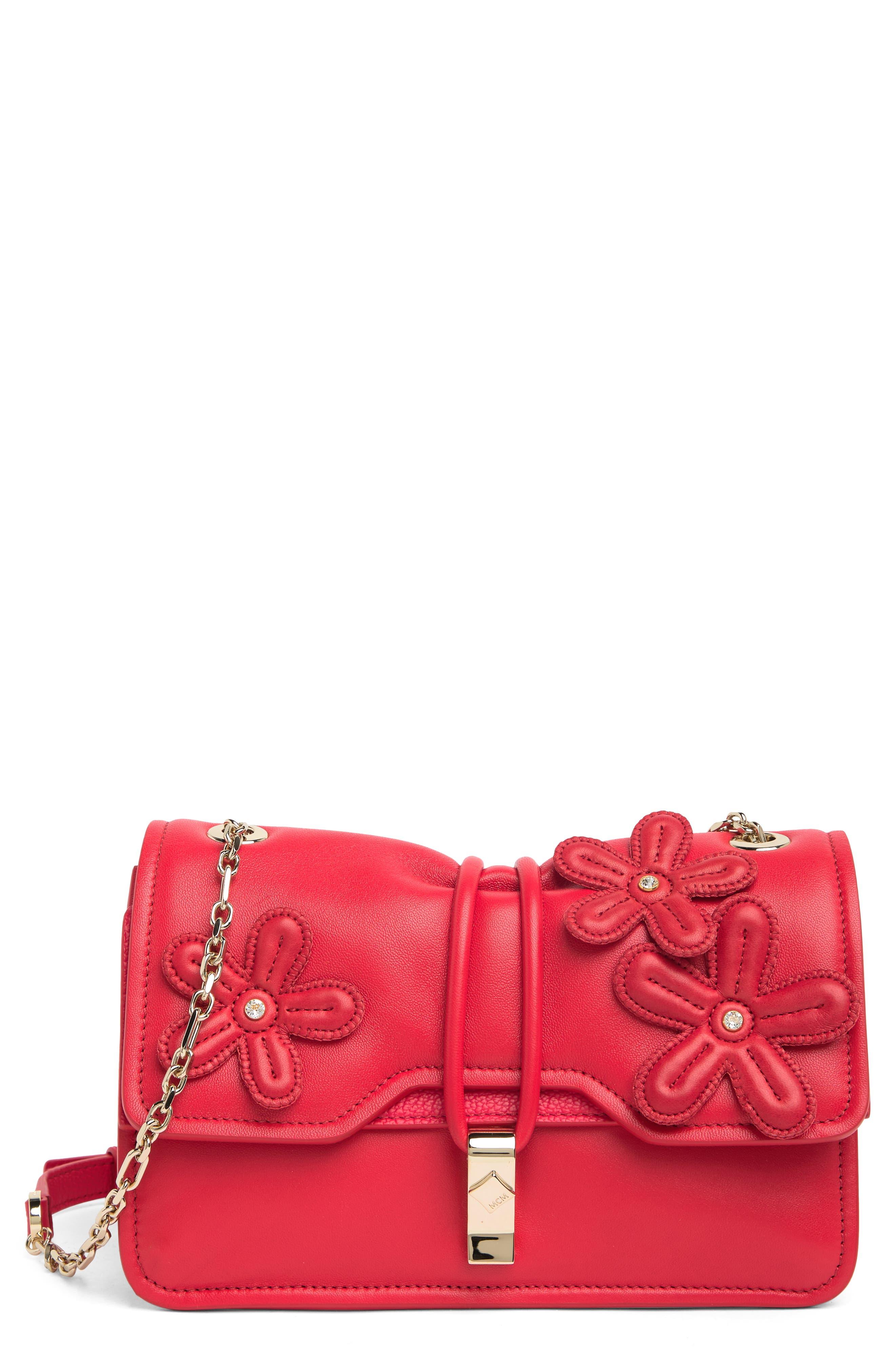 MCM Run Candy Floral Appliqué Leather Shoulder Bag In Firefly Red At  Nordstrom Rack