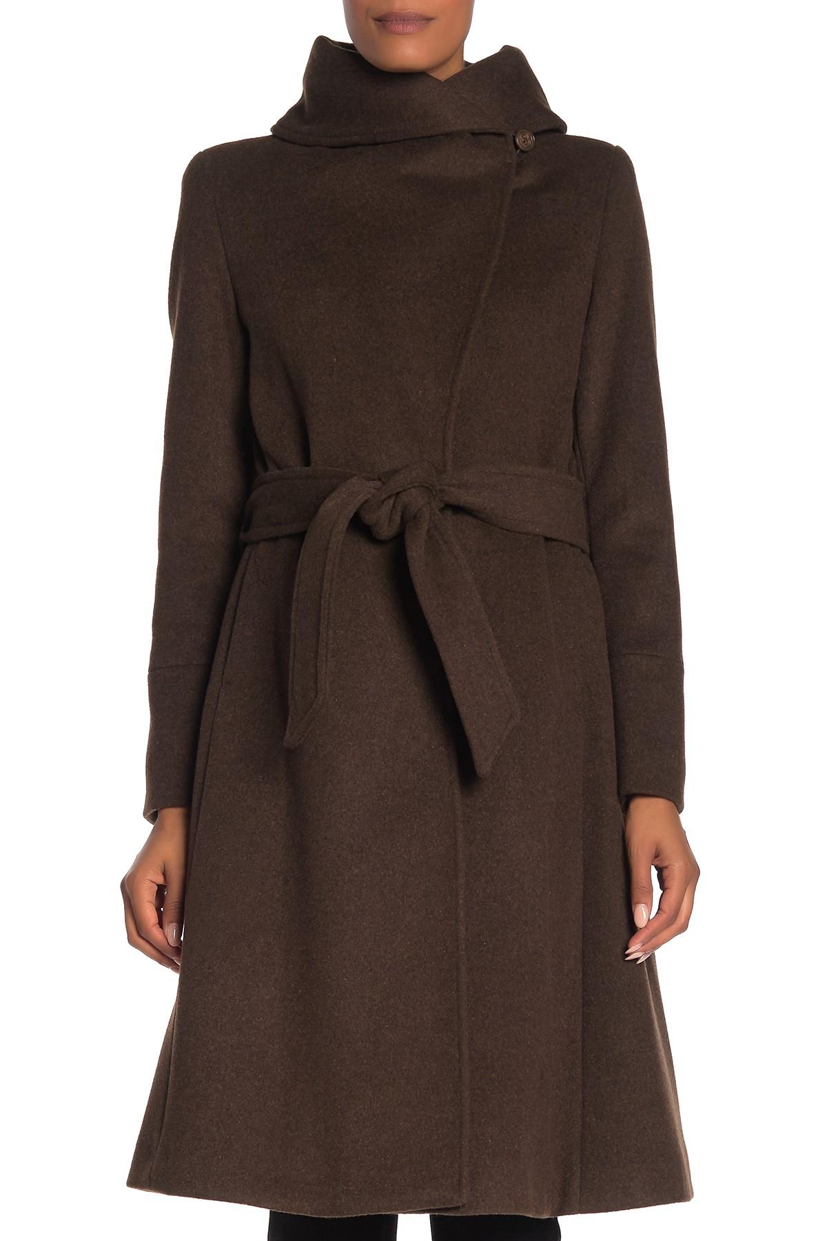 Cole Haan Wool Blend Shawl Collar Belted Coat in Brown - Lyst