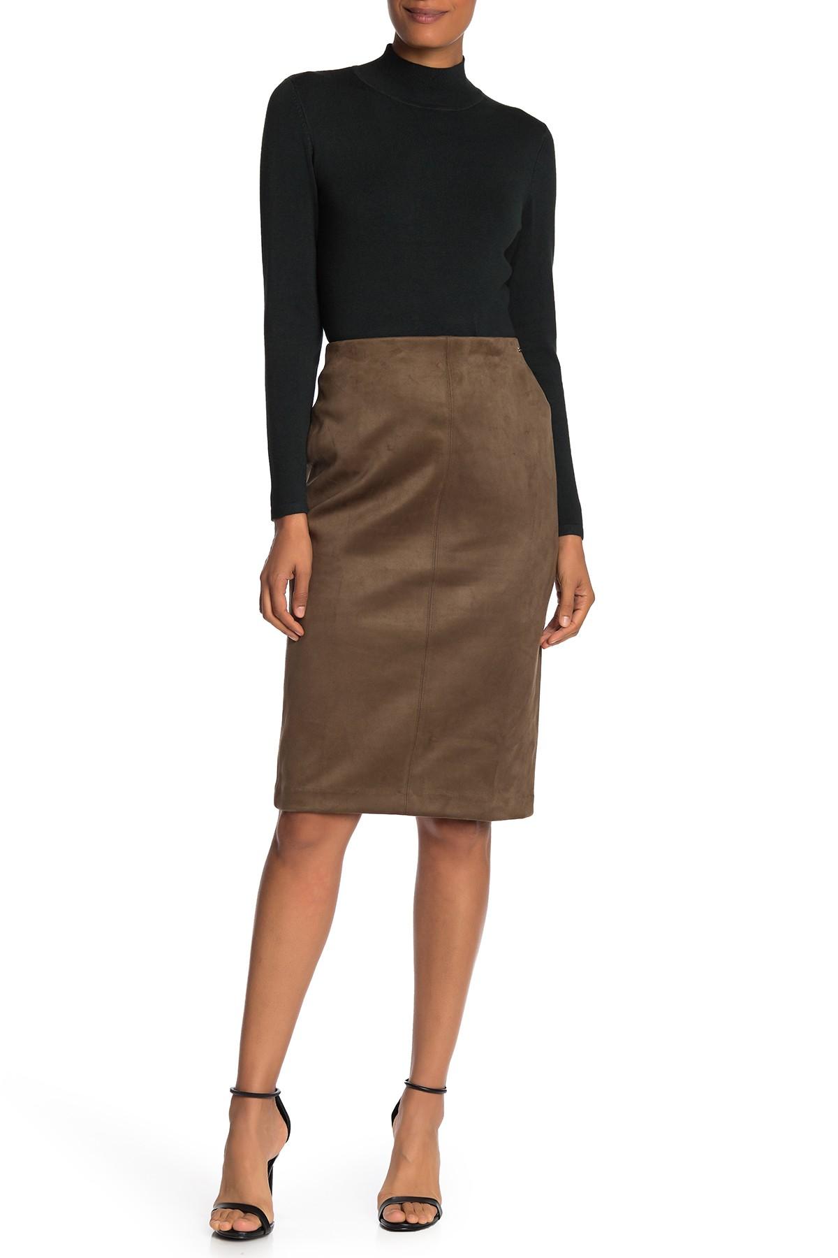 T Tahari Faux Suede Midi Pencil Skirt 