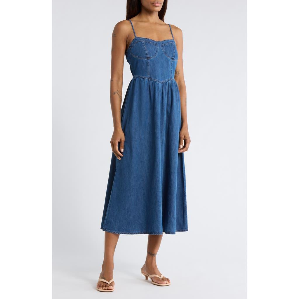 blu pepper denim dress Blu Pepper - Front Zip Sleeveless Denim Midi Dress