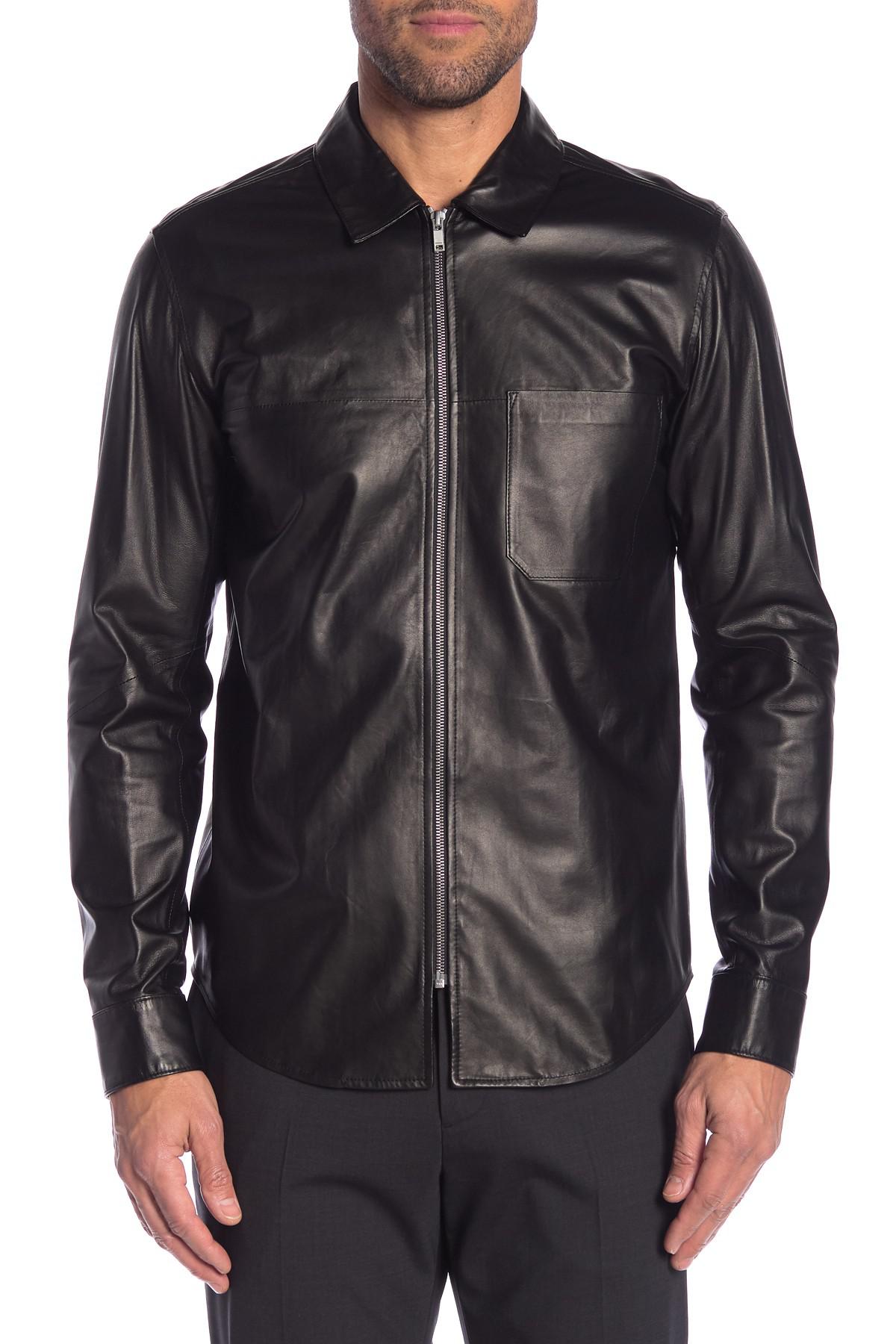 Theory One Pocket Zip Lamb Leather Shirt in Black for Men - Lyst