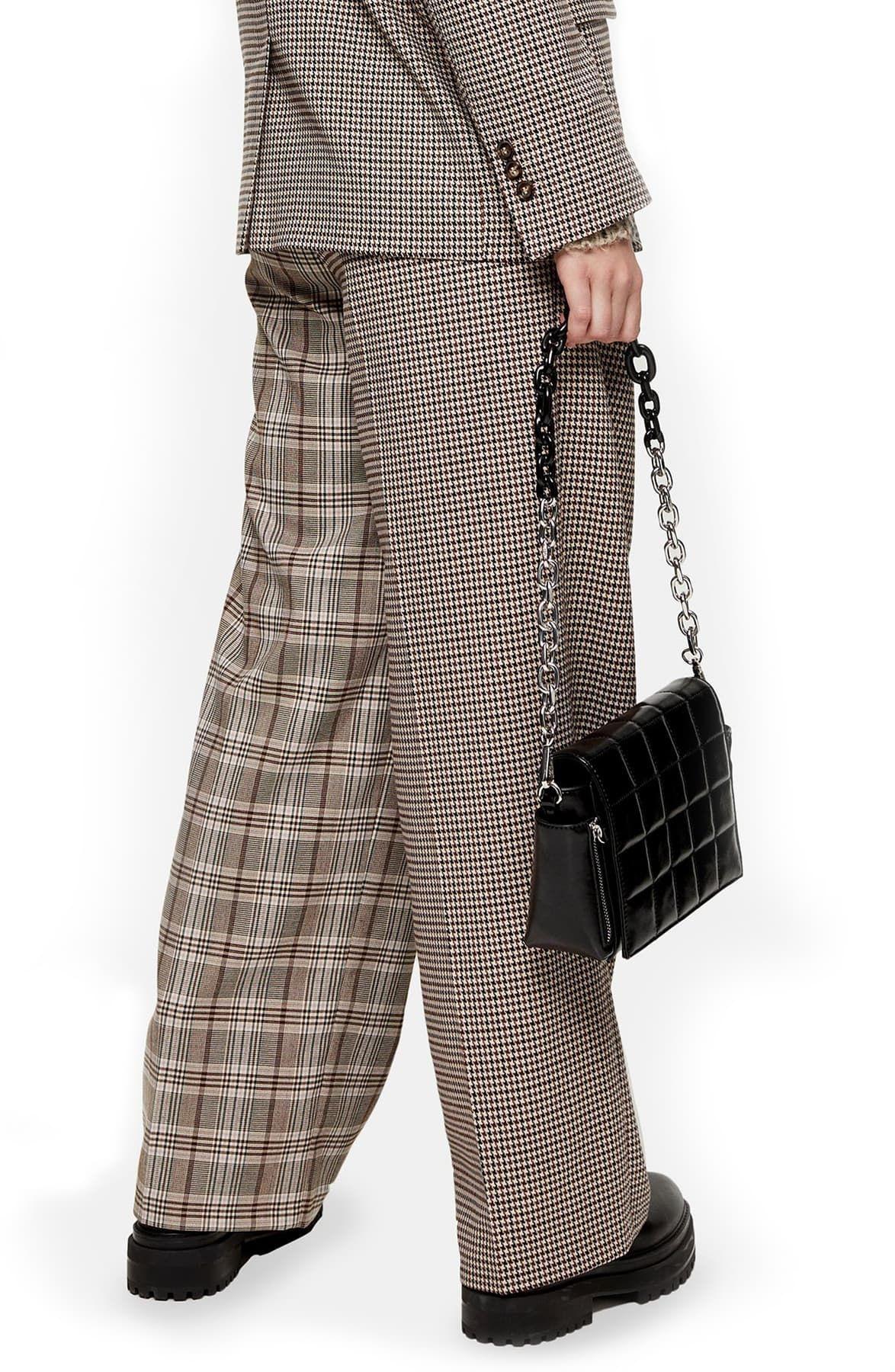 TOPSHOP Brown Mixed Check Slouch Trousers | Lyst