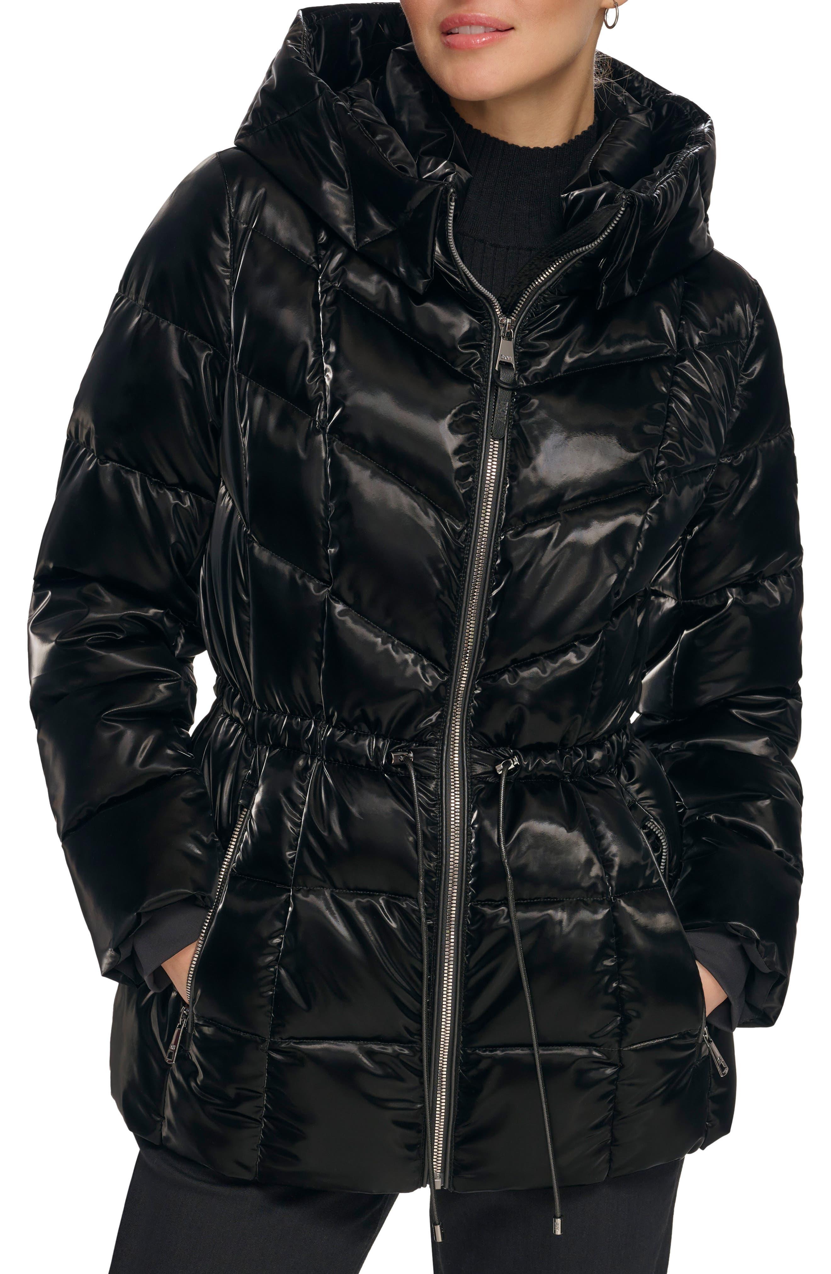 DKNY Shine Hooded Puffer Coat in Black