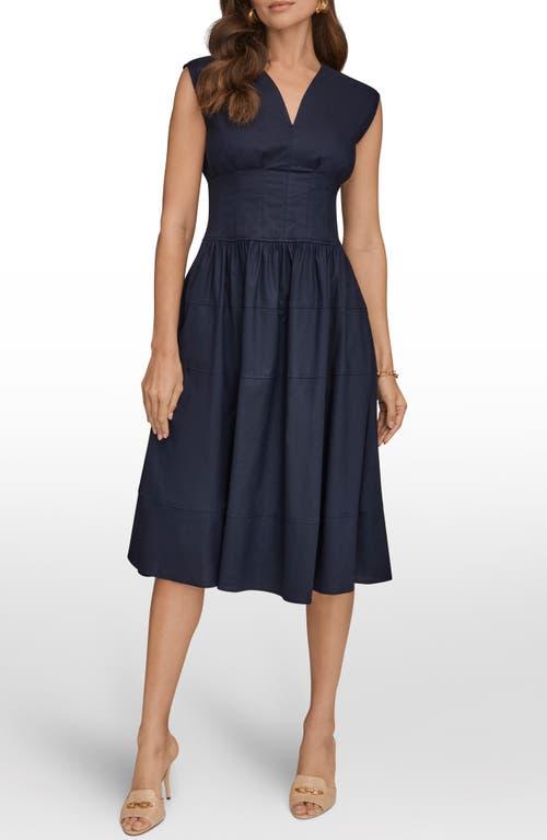 donna karan mock neck short sleeve ribbed knit midi dress Cap Illusion A-Line in Blue women's dirndl