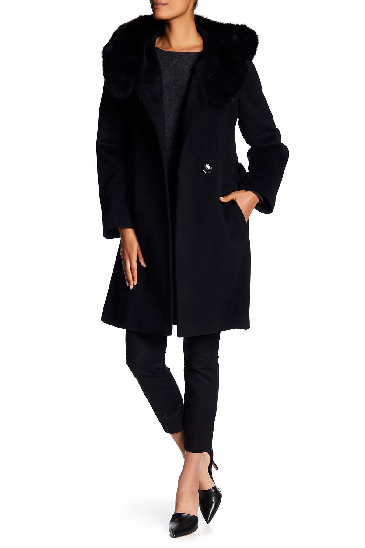 Sofia Cashmere Fox Fur Trim Hood Wool Blend Wrap Coat in Black Lyst