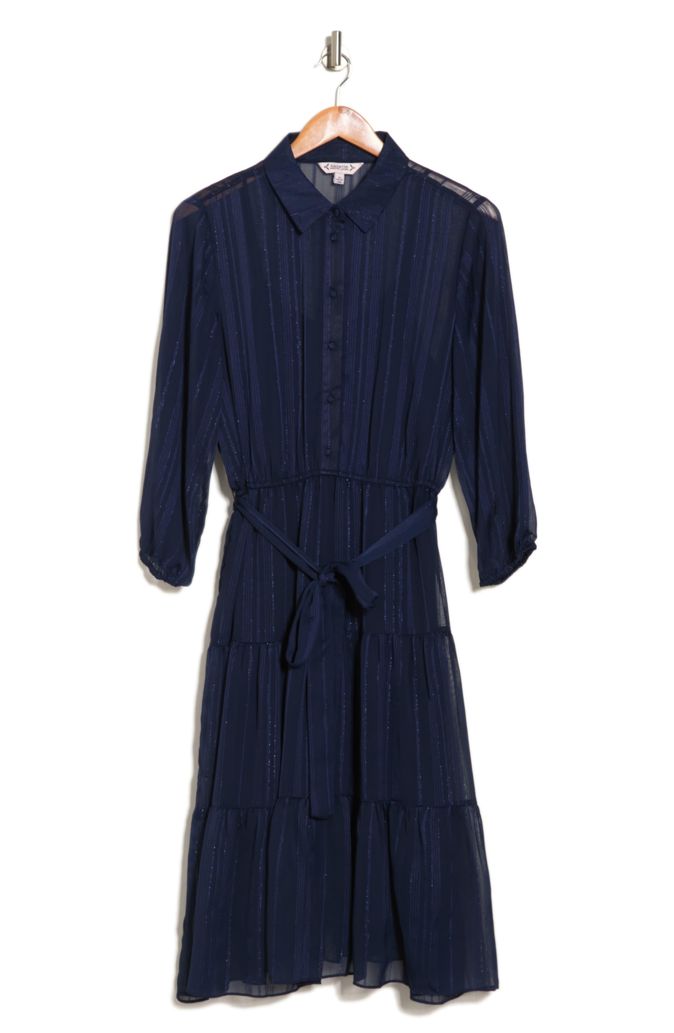 Nanette Lepore Shadow Stripe Tiered Chiffon Shirtdress In Navy At Nordstrom  Rack in Blue