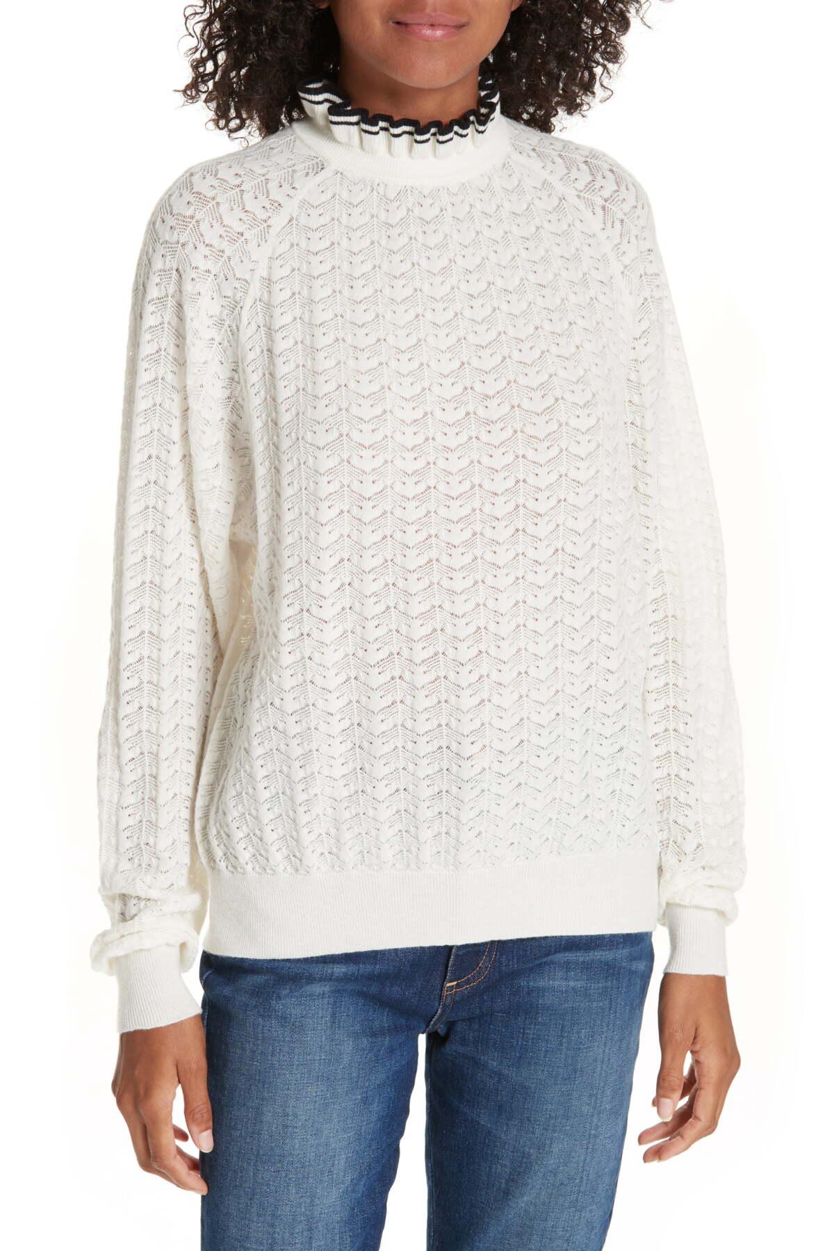 Maje Wool Ruffle Collar Pointelle Knit Sweater in Ecru (White) Lyst