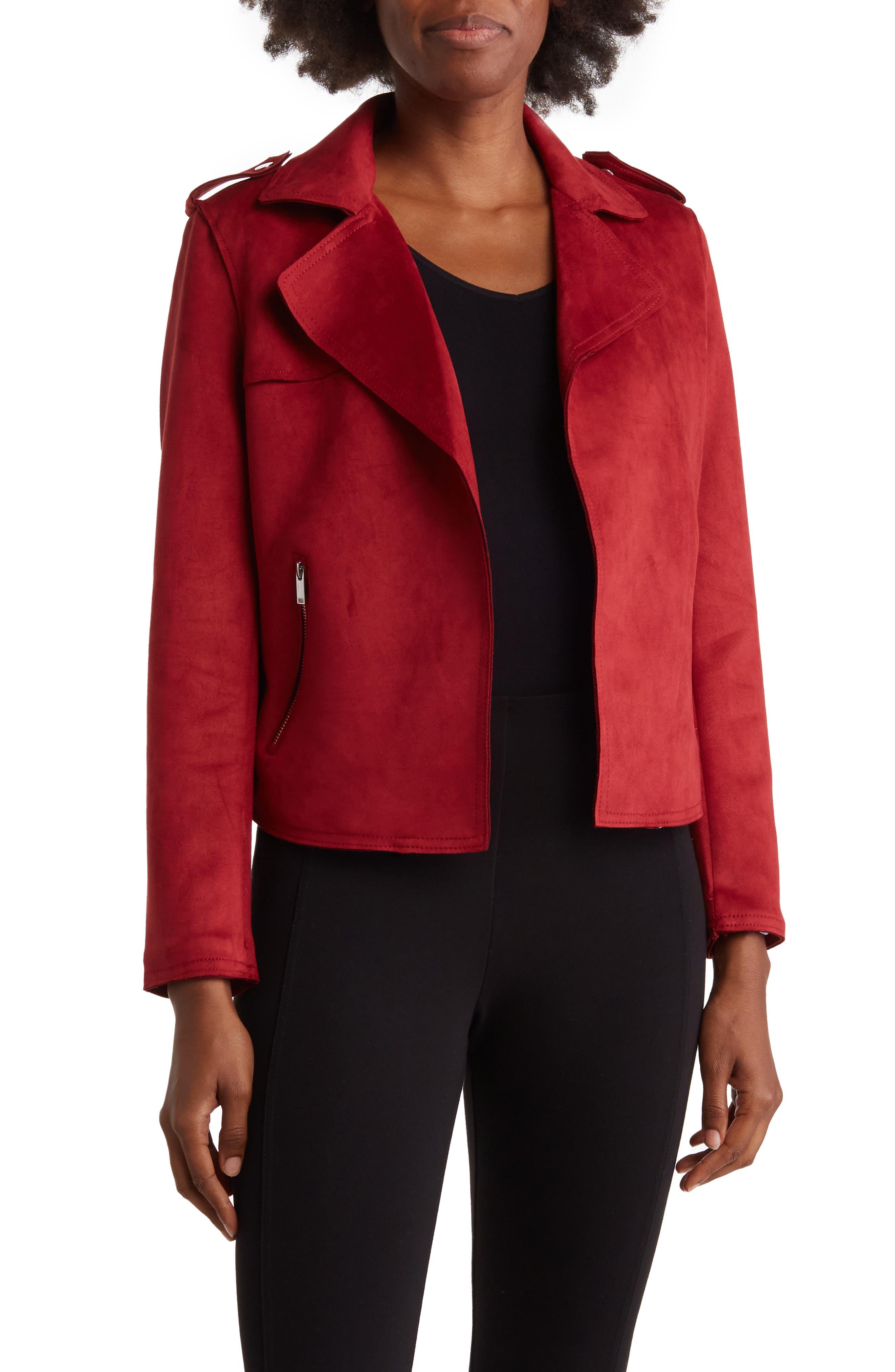 T Tahari Faux Suede Crop Moto Jacket in Red | Lyst