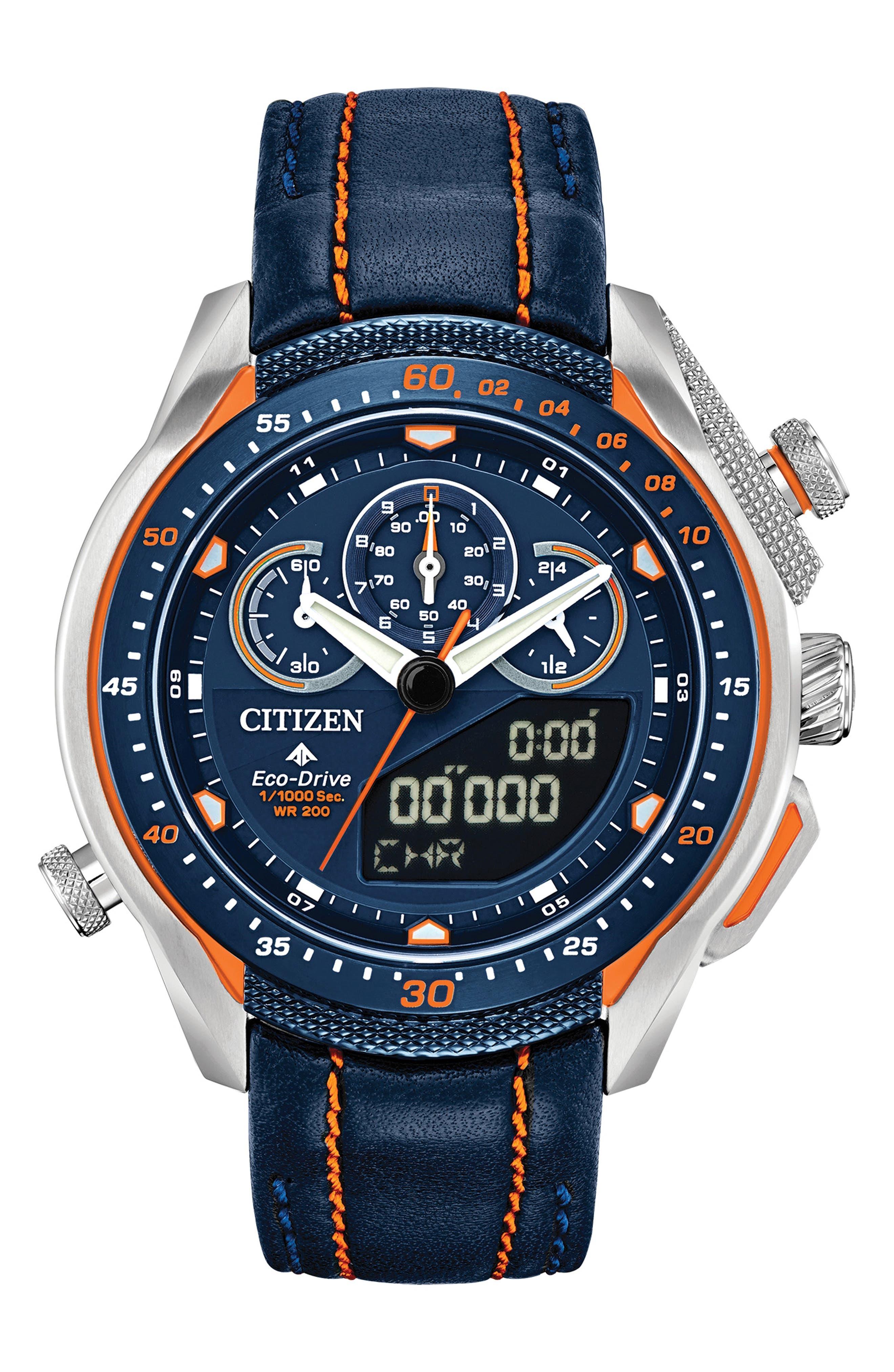 Citizen promaster sst eco drive wr200 leather strap watch in blue for