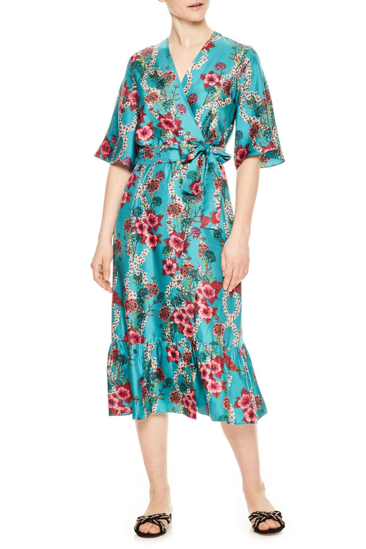 Sandro Silk Floralprint Satin Midi Wrap Dress Teal in Turquoise (Blue