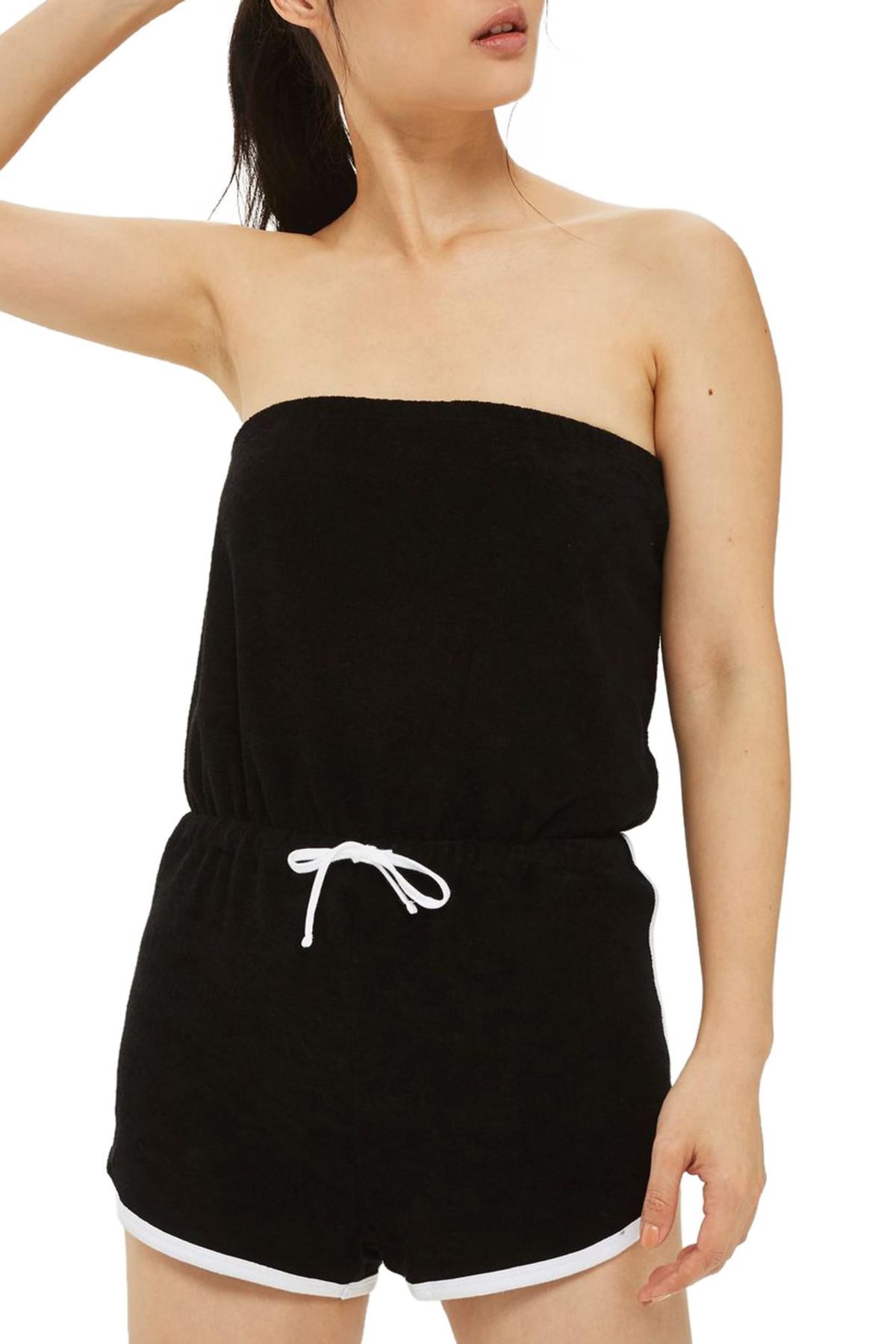 TOPSHOP Strapless Terry Romper in Black | Lyst