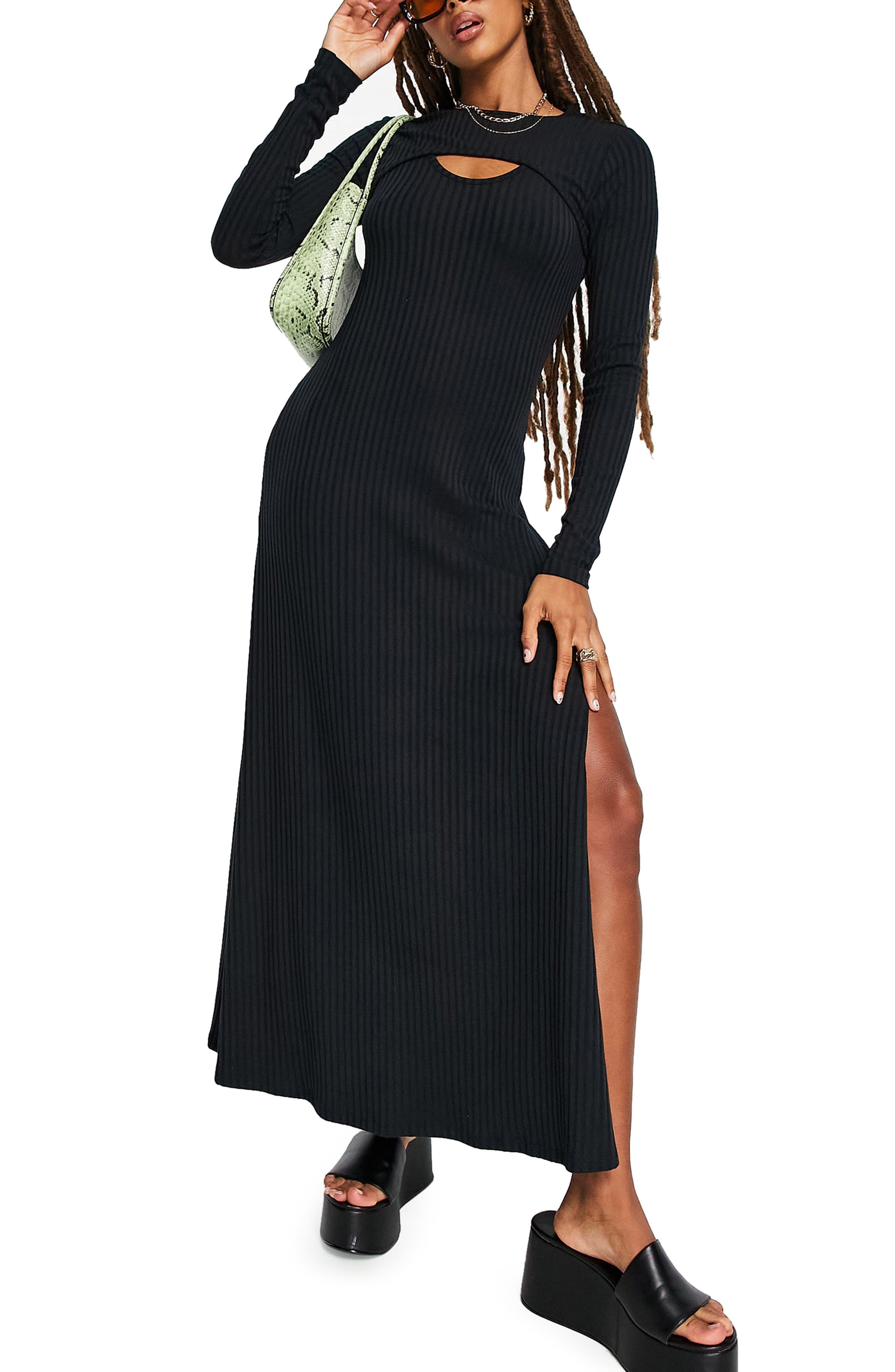 TOPSHOP Long Sleeve Overlay Ribbed Maxi Dress In Black At Nordstrom Rack |  Lyst