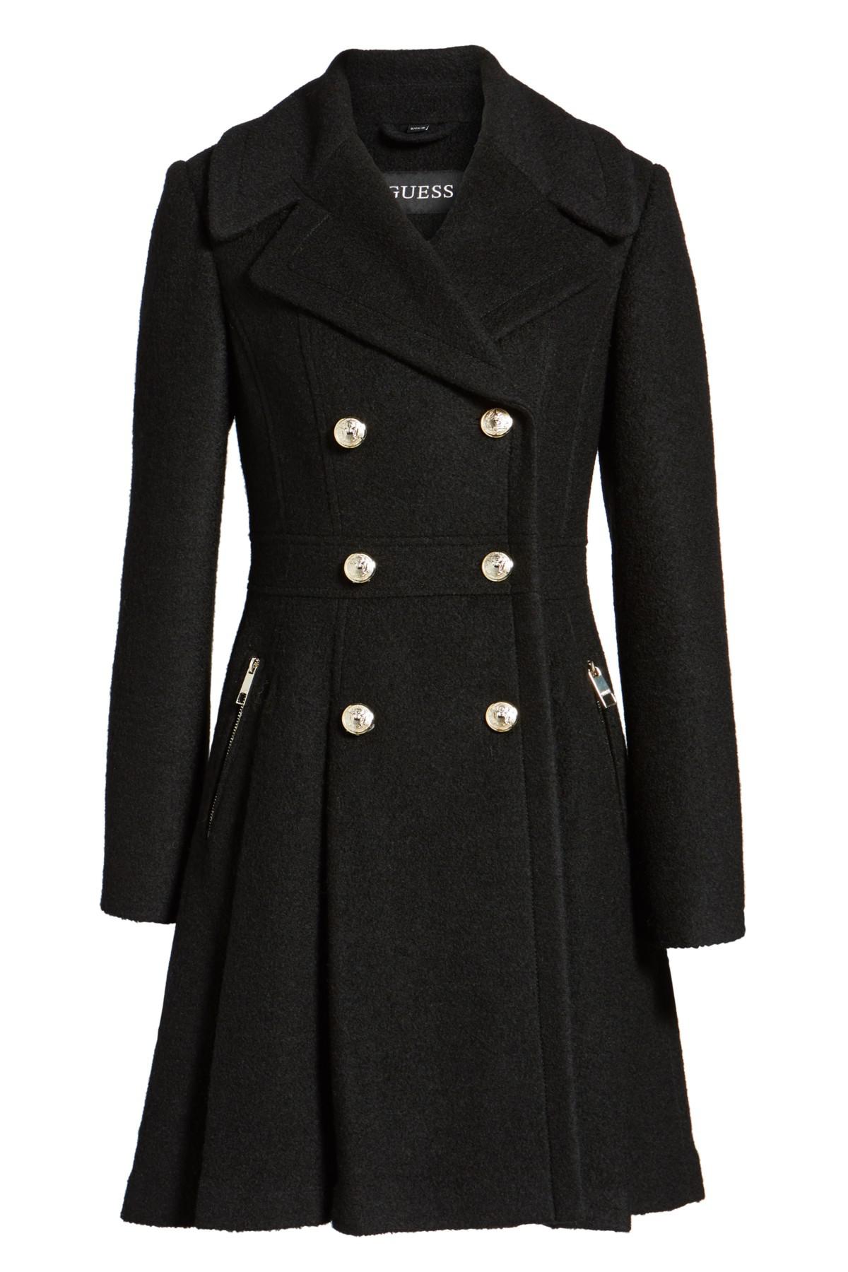 Guess Double Breasted Wool Blend Coat in Black - Lyst