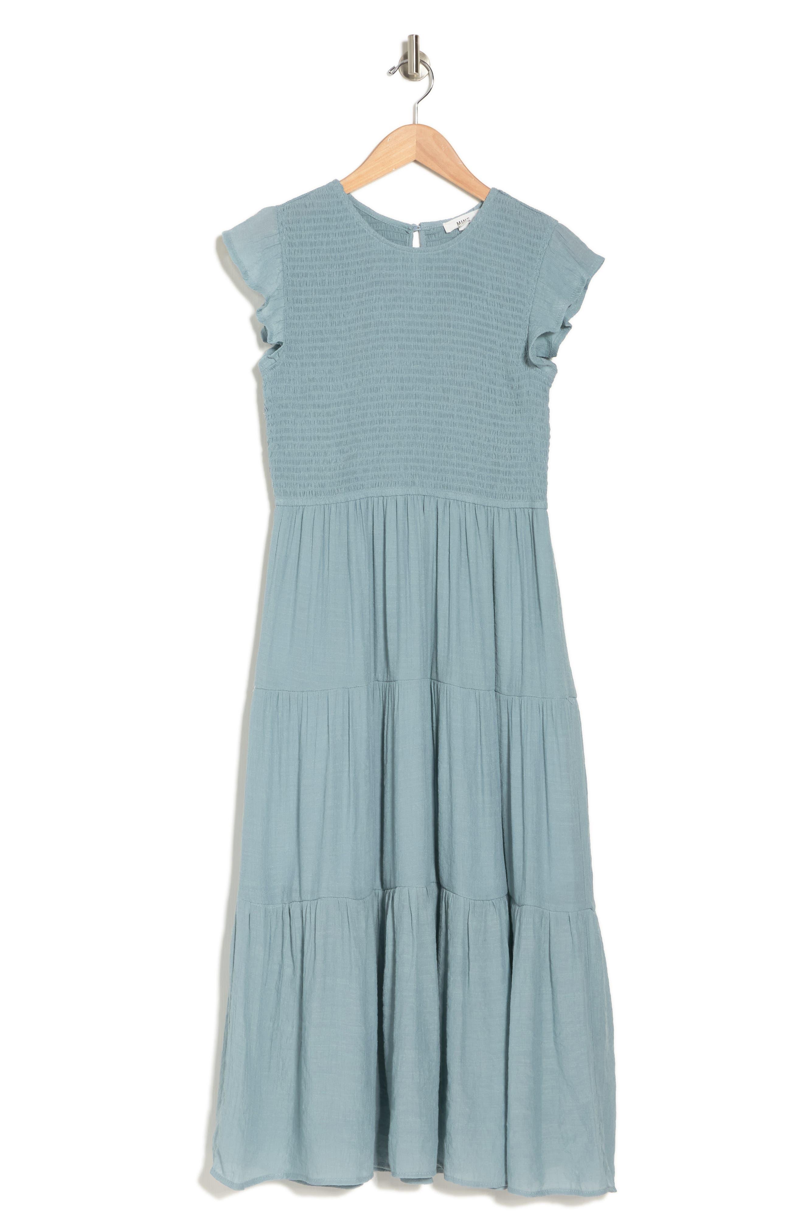 Blu Pepper Flutter Sleeve Smocked Tiered Midi Dress In Light Teal At