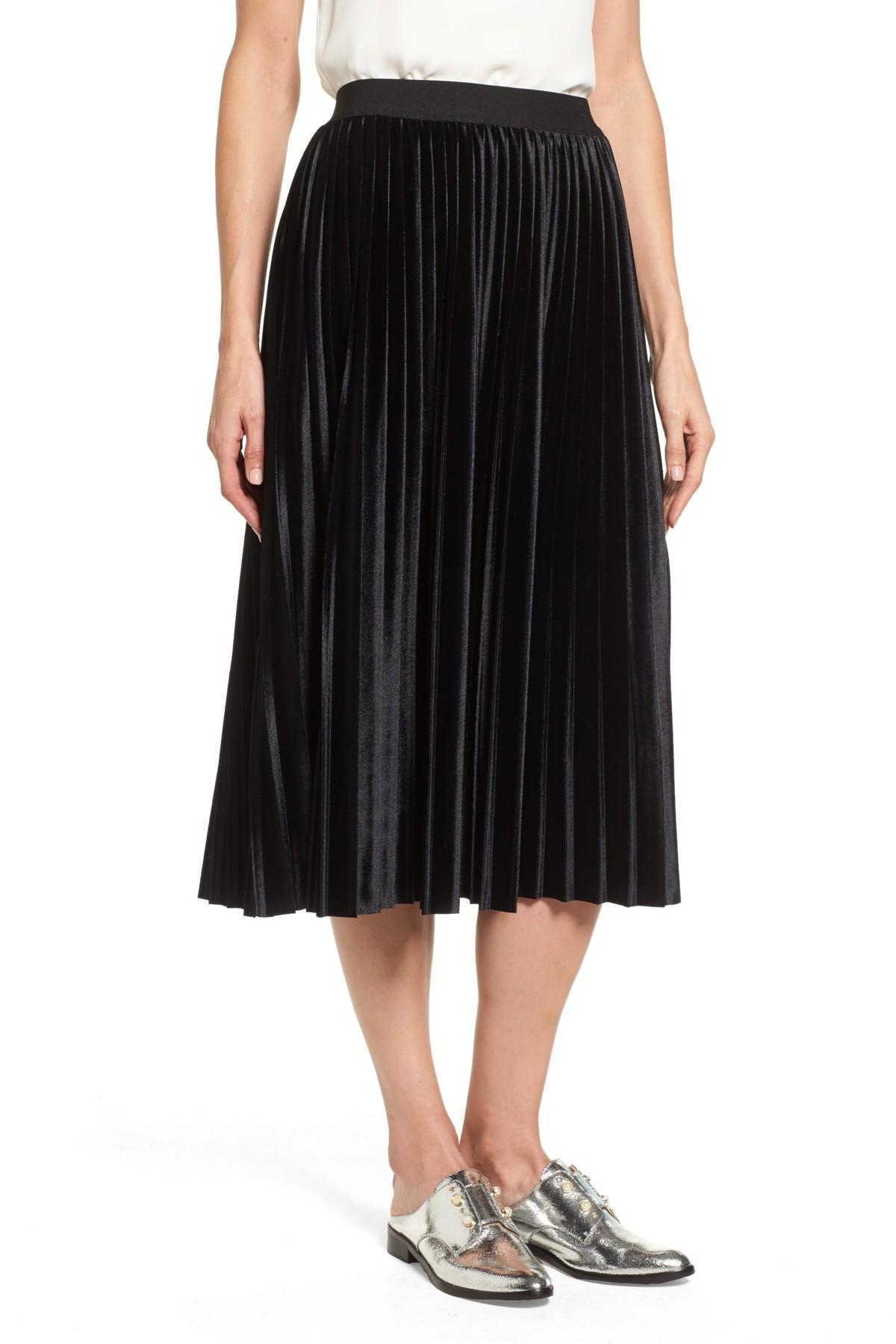 black velvet pleated midi skirt