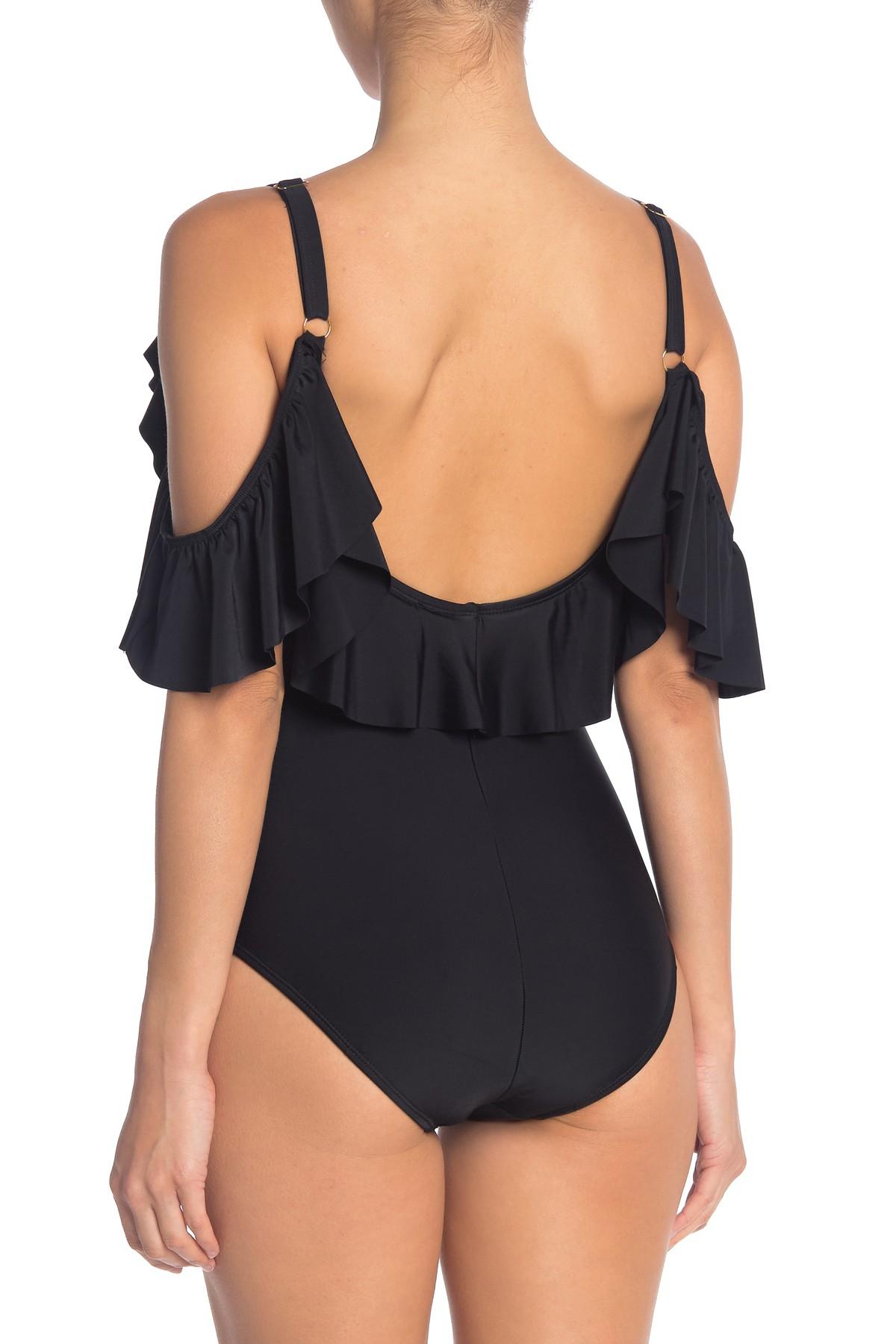 Nicole Miller Ruffled Cold Shoulder One-piece Swimsuit in Black