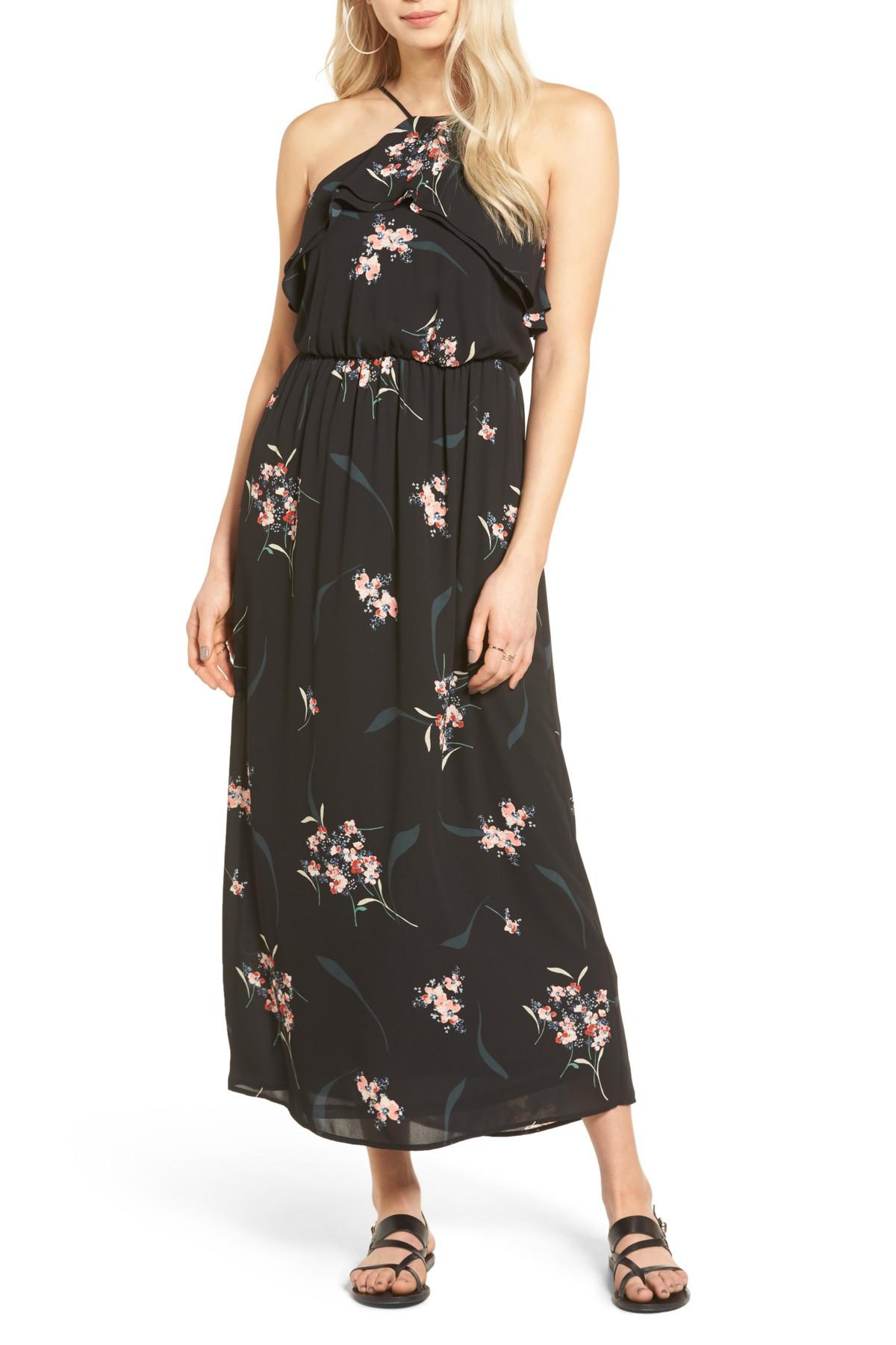Lush Sleeveless Ruffle Maxi Dress in Black Floral (Black