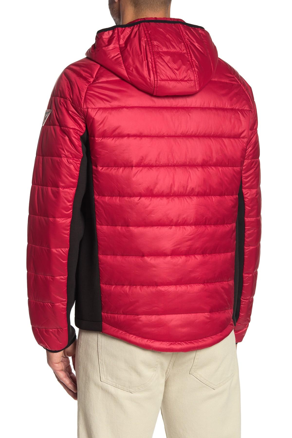 Guess Synthetic Hooded Zip Front Puffer Jacket in Red for Men Lyst
