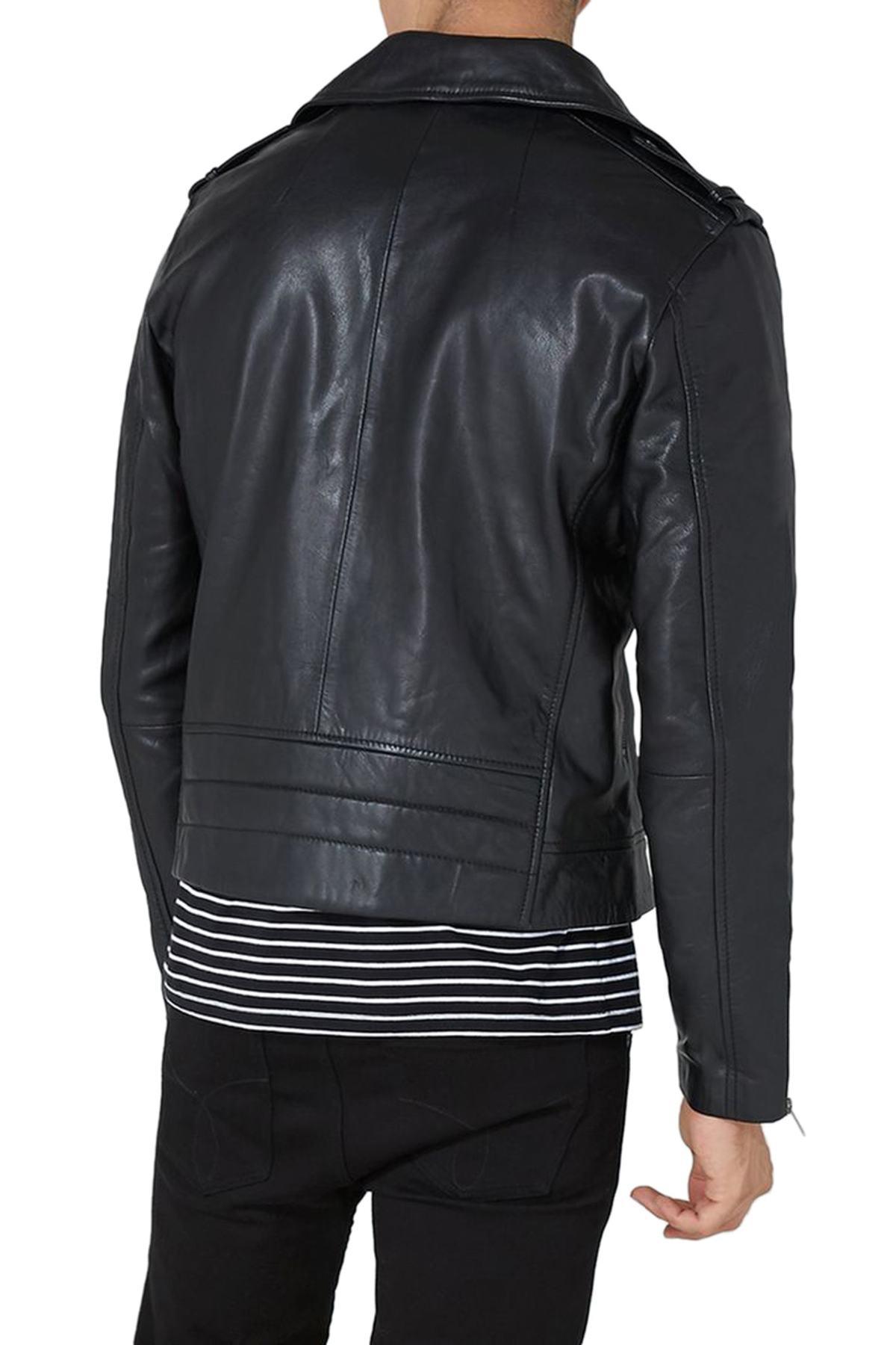 クリアランス特価 トップマン Topman real leather biker jacket in black メンズ コート・ジャケット 