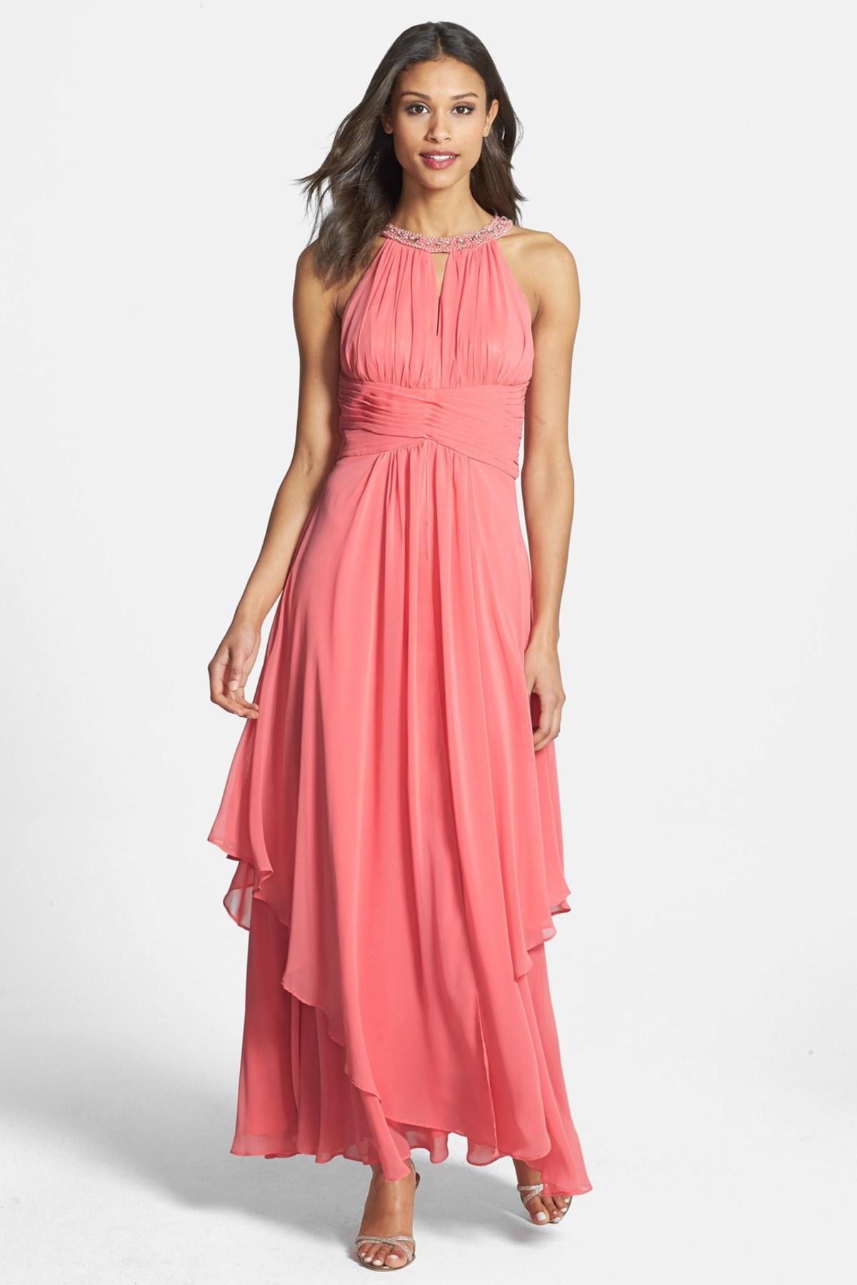 Eliza J Embellished Tiered Chiffon Halter Gown in Pink | Lyst