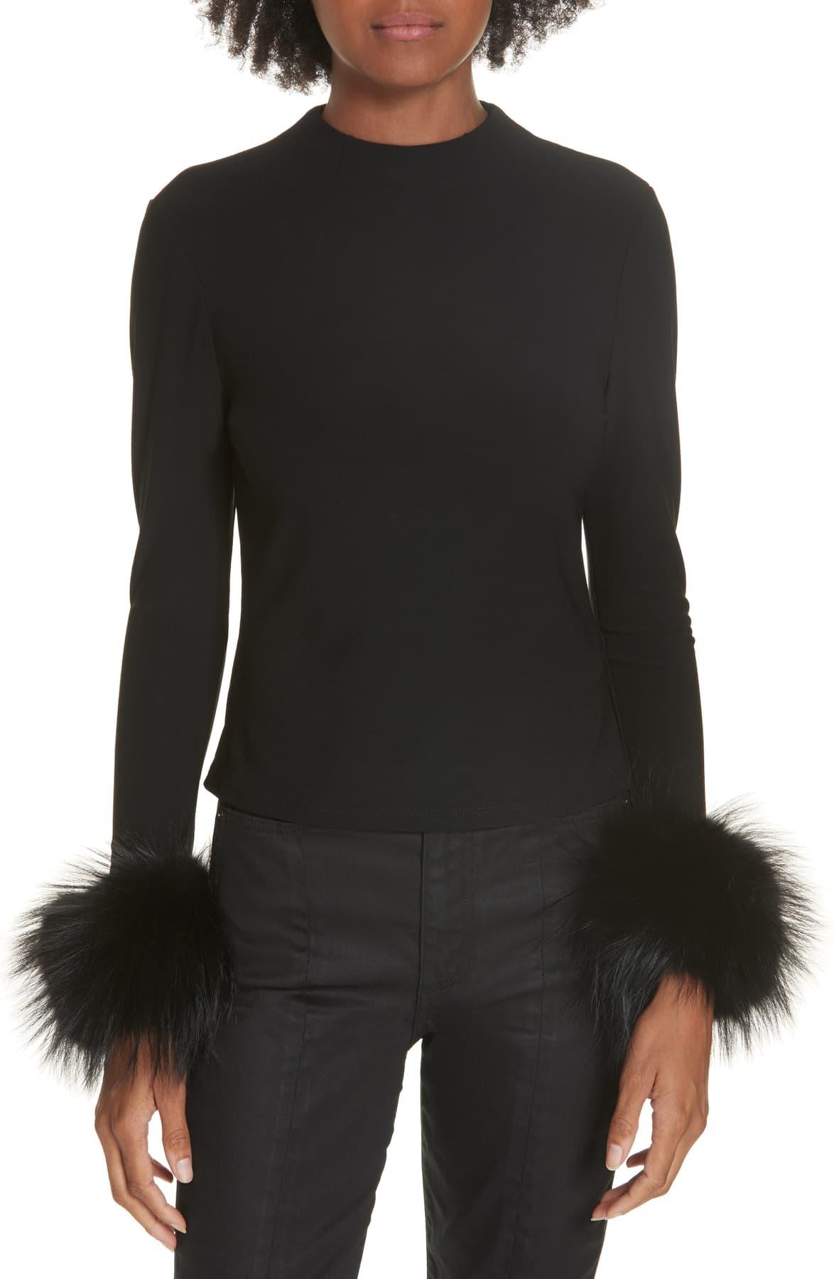 Alice + Olivia Hayden Fox Fur Cuff Top in Black