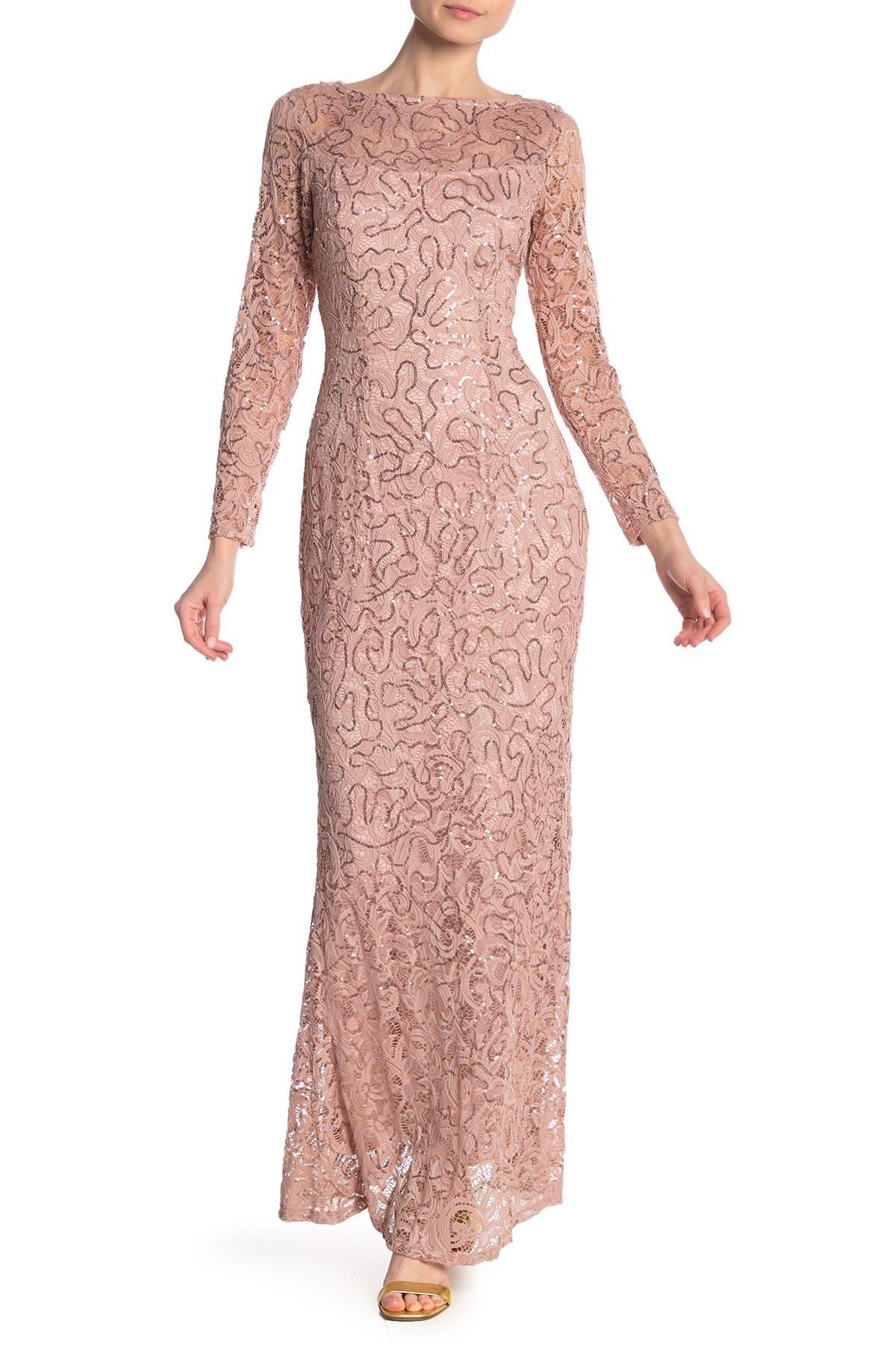 Marina Sequin Lace Long Sleeve Gown In ...
