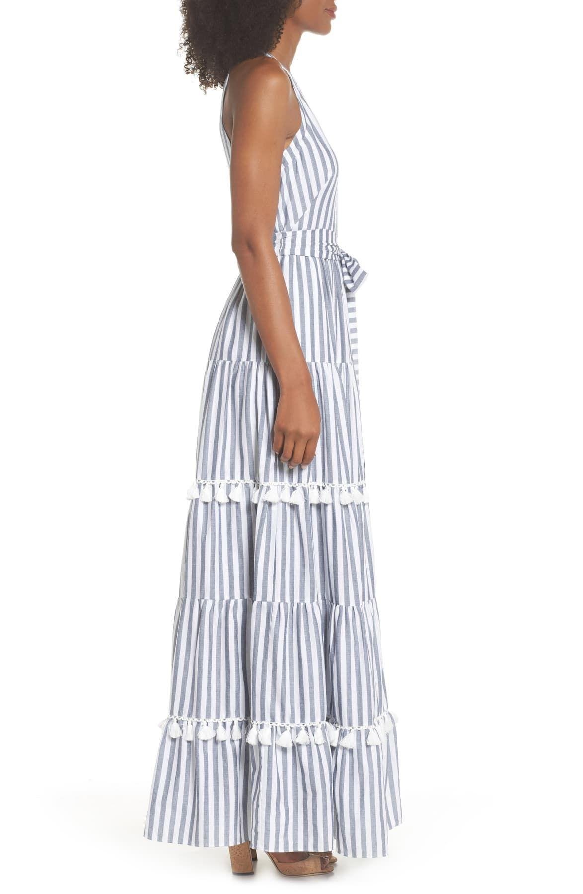 Eliza J Tiered Tassel Fringe Cotton Maxi Dress regular Petite