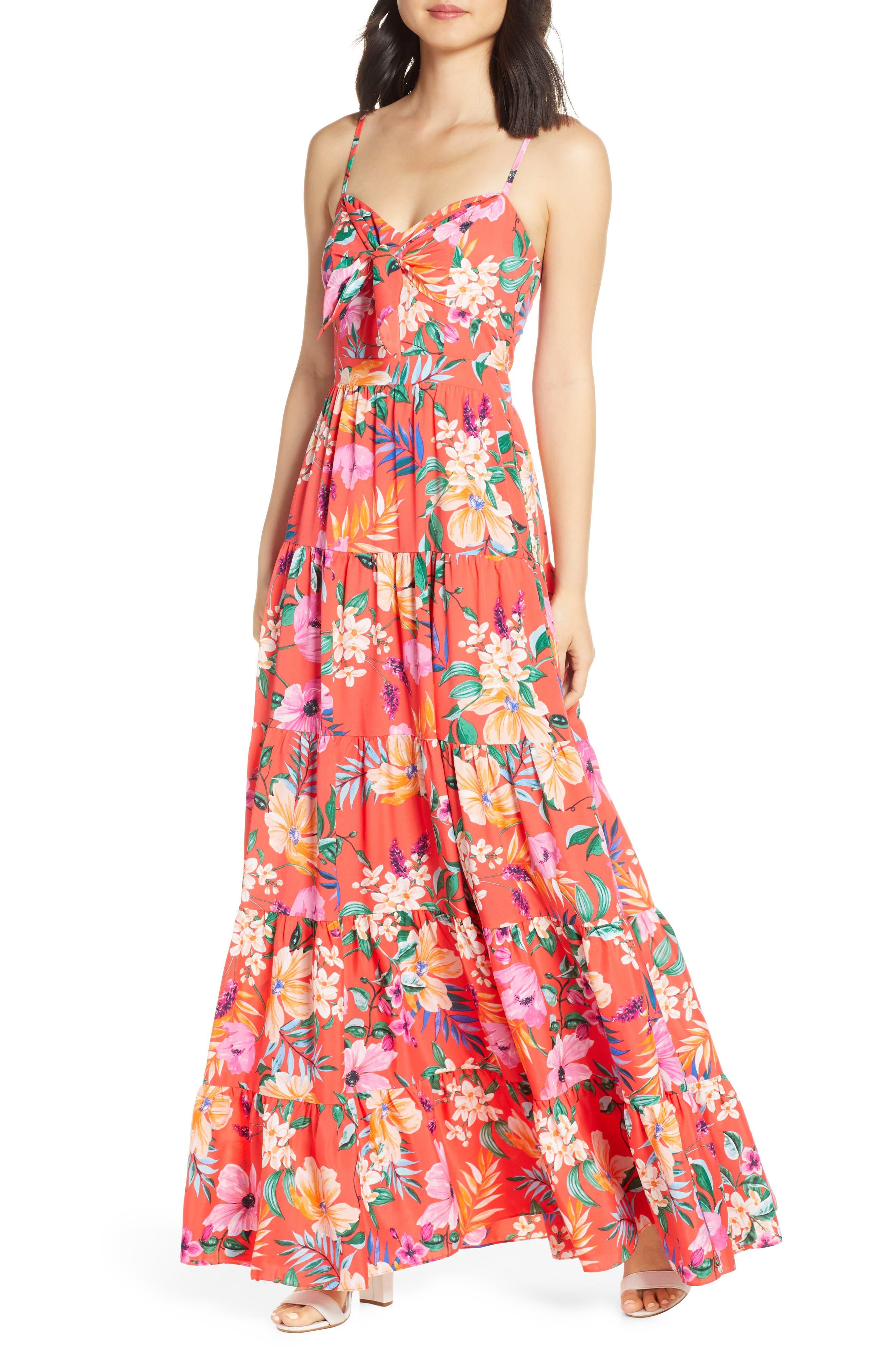 Floral Tie Front Tiered Maxi Sundress 