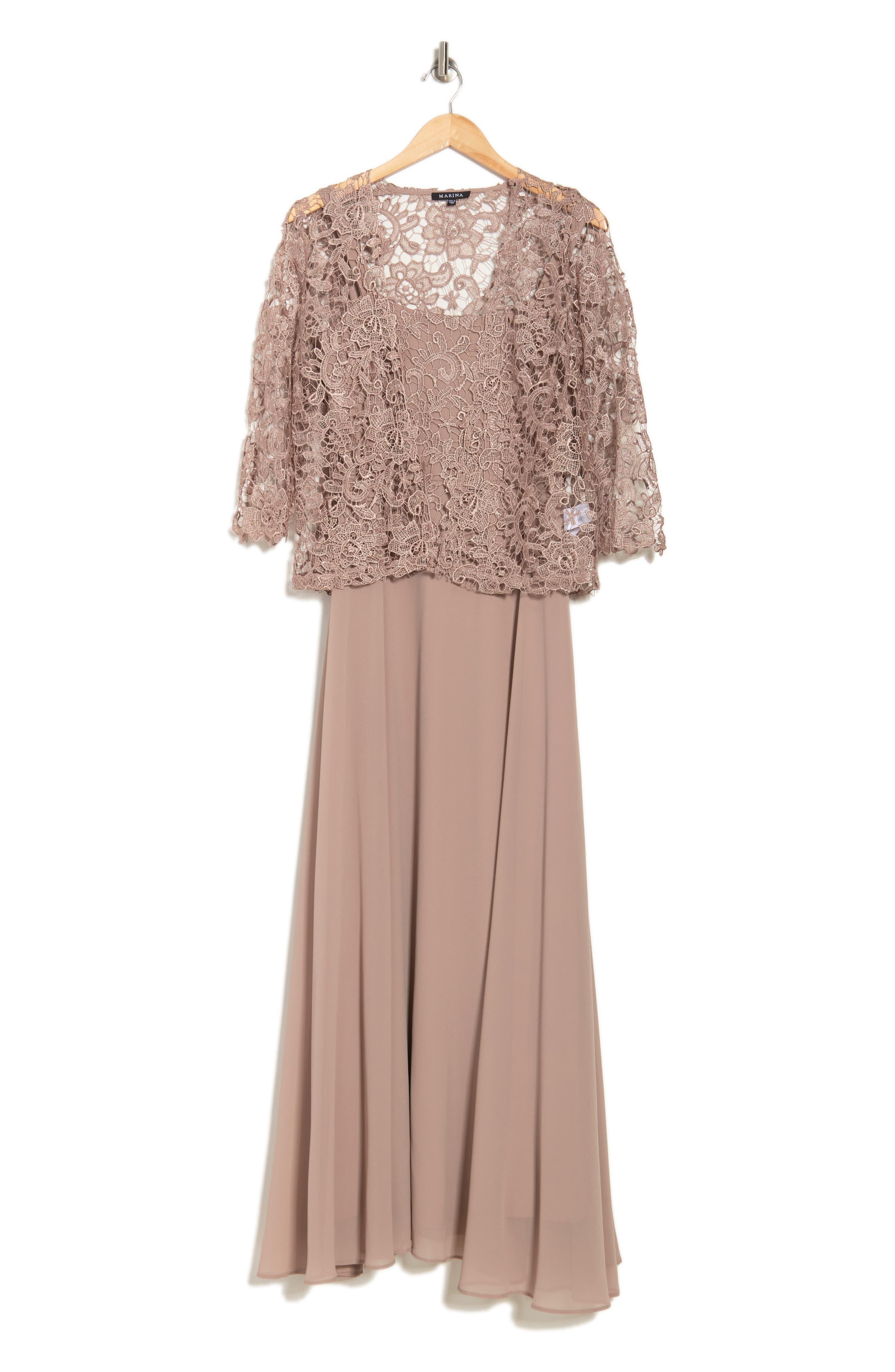 Marina 2-piece Lace Jacket & Gown In Taupe At Nordstrom Rack in Pink