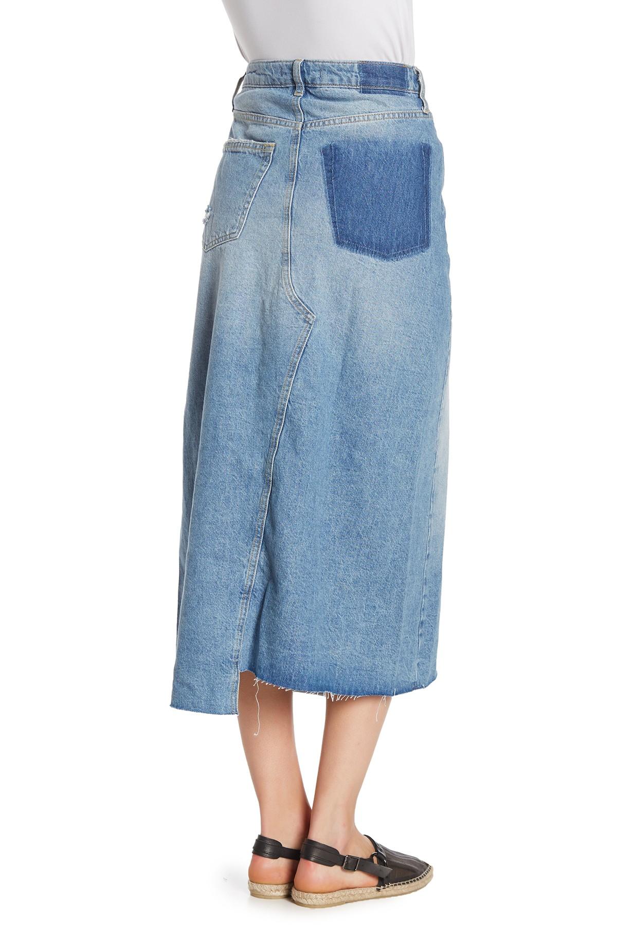 free people cotton asymmetrical denim midi skirt