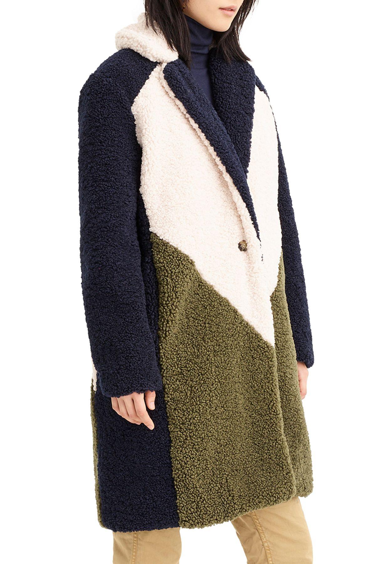 j crew colorblock teddy coat