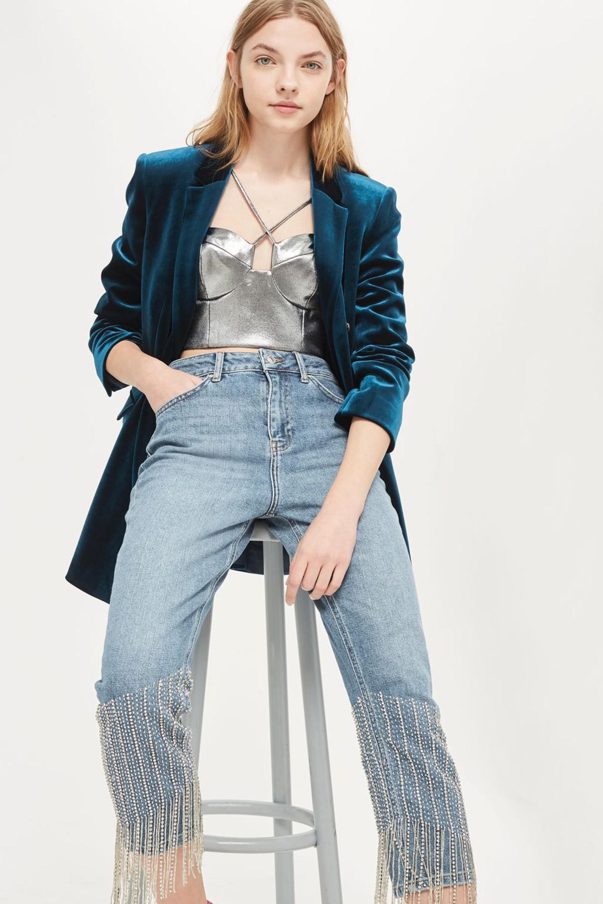 TOPSHOP Denim Crystal Embellished Moto 